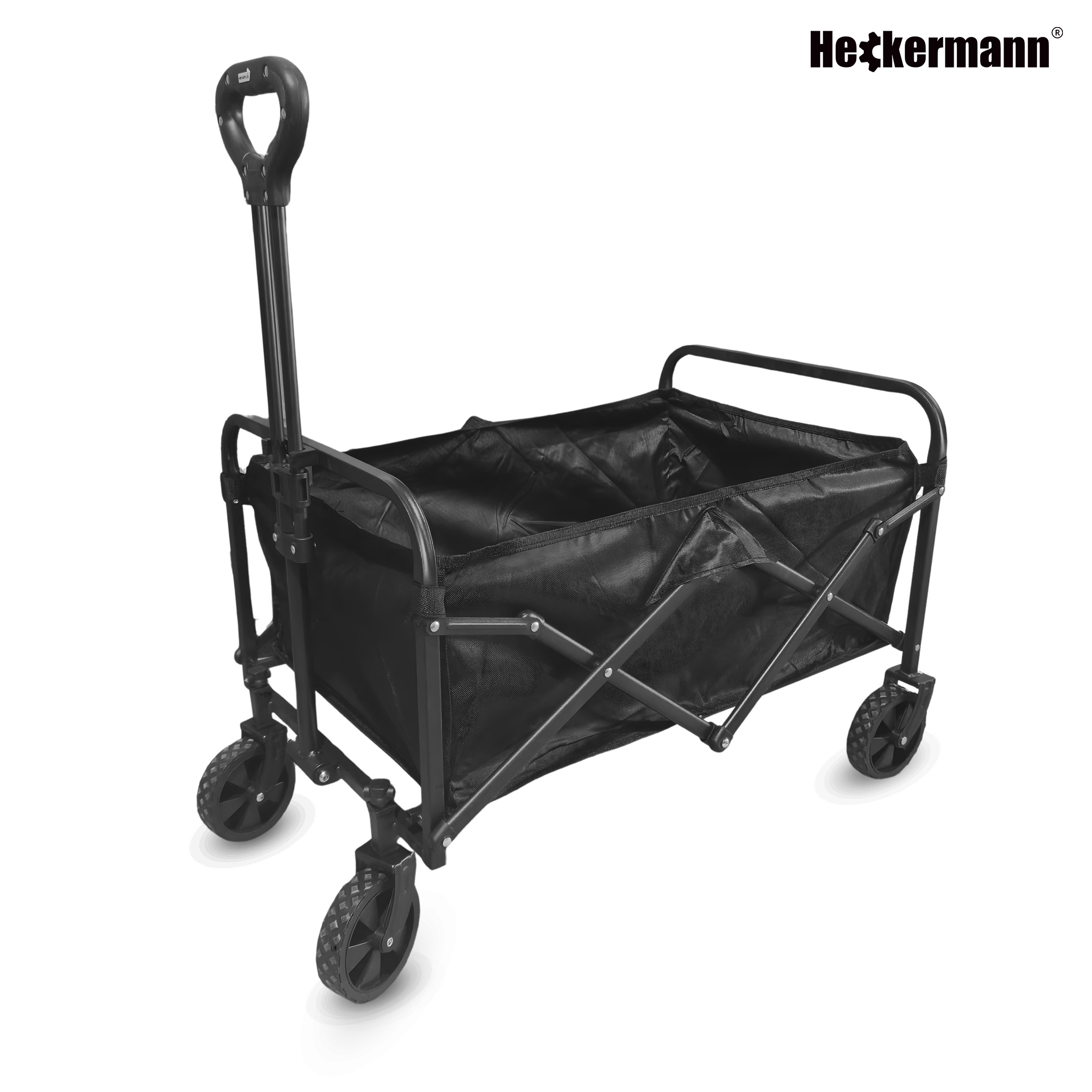 Czarny składany wózek z teleskopowym uchwytem i kołami, na białym tle.