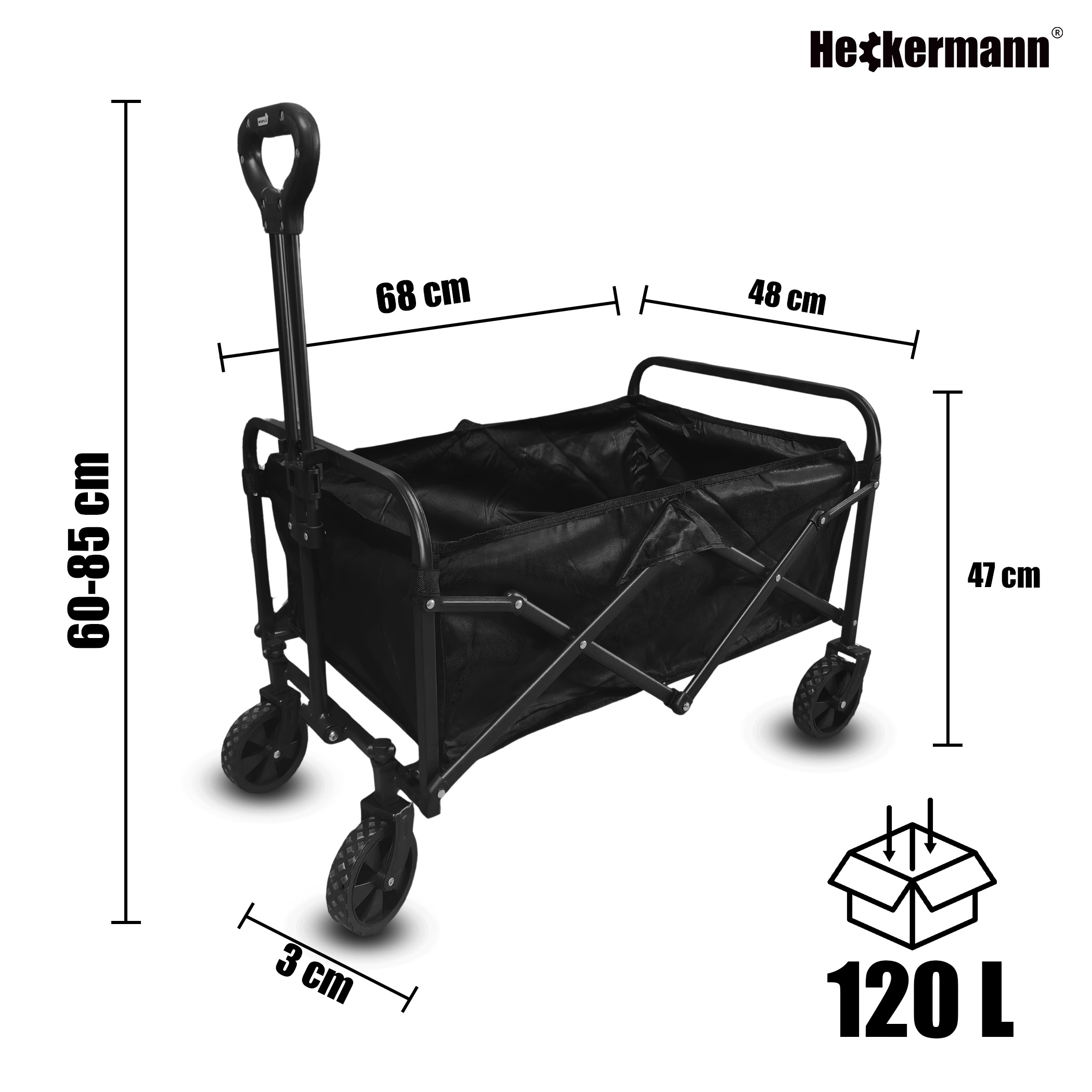 Czarny wózek składany z rączką i kołami, podano wymiary.