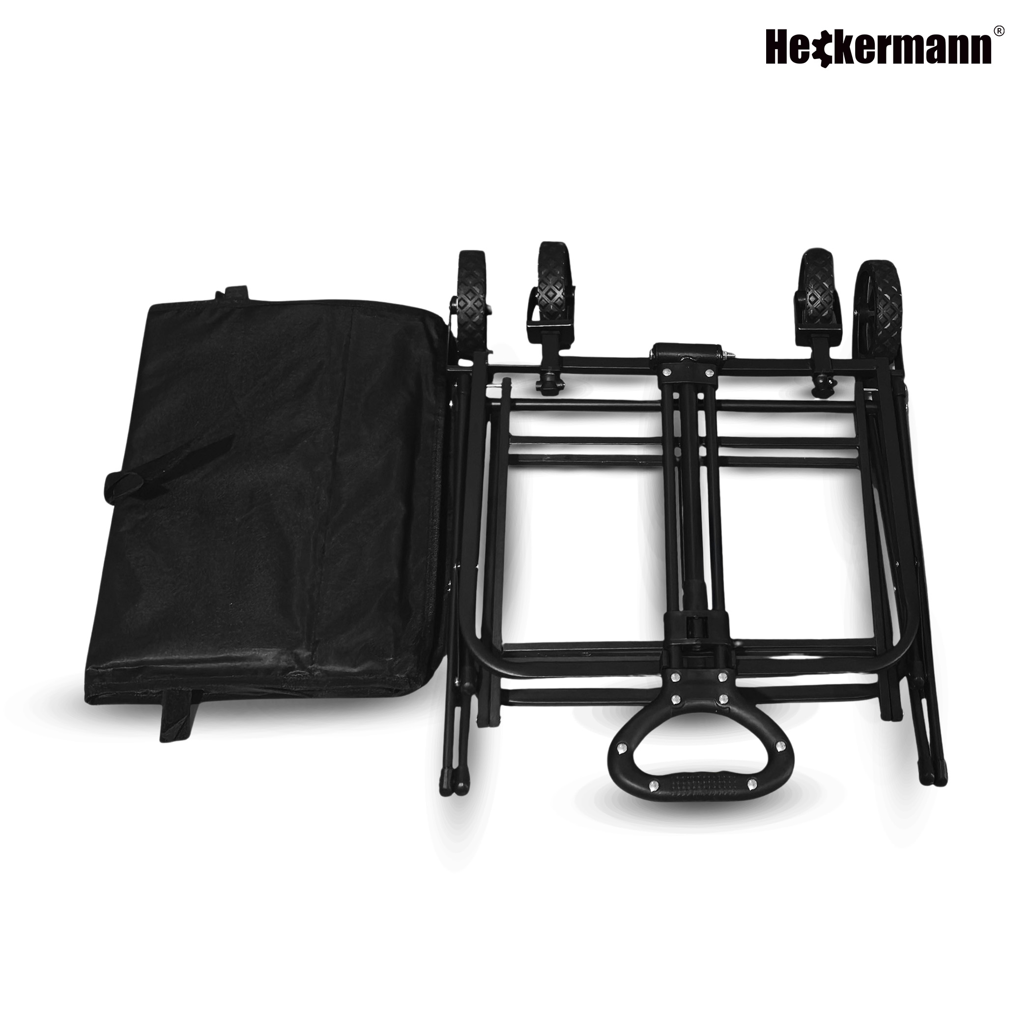 Składany czarny wózek z kołami i uchwytem.