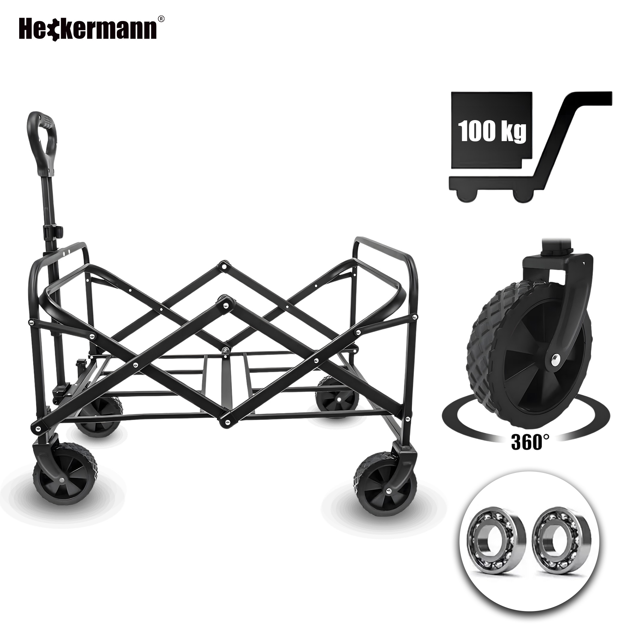 Czarny składany wózek z ładownością 100 kg i kołami 360°.