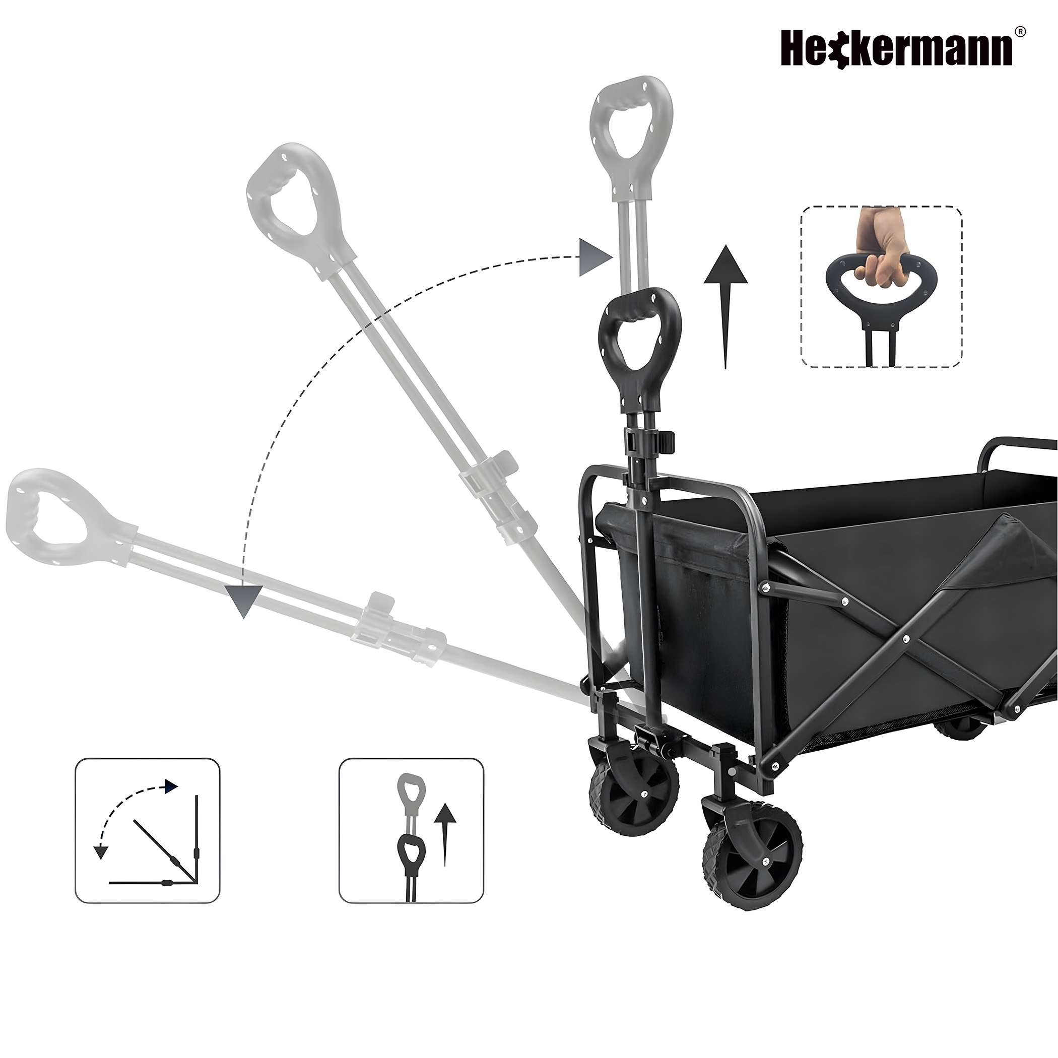 Czarny wózek składany z regulowanym uchwytem i kołami.