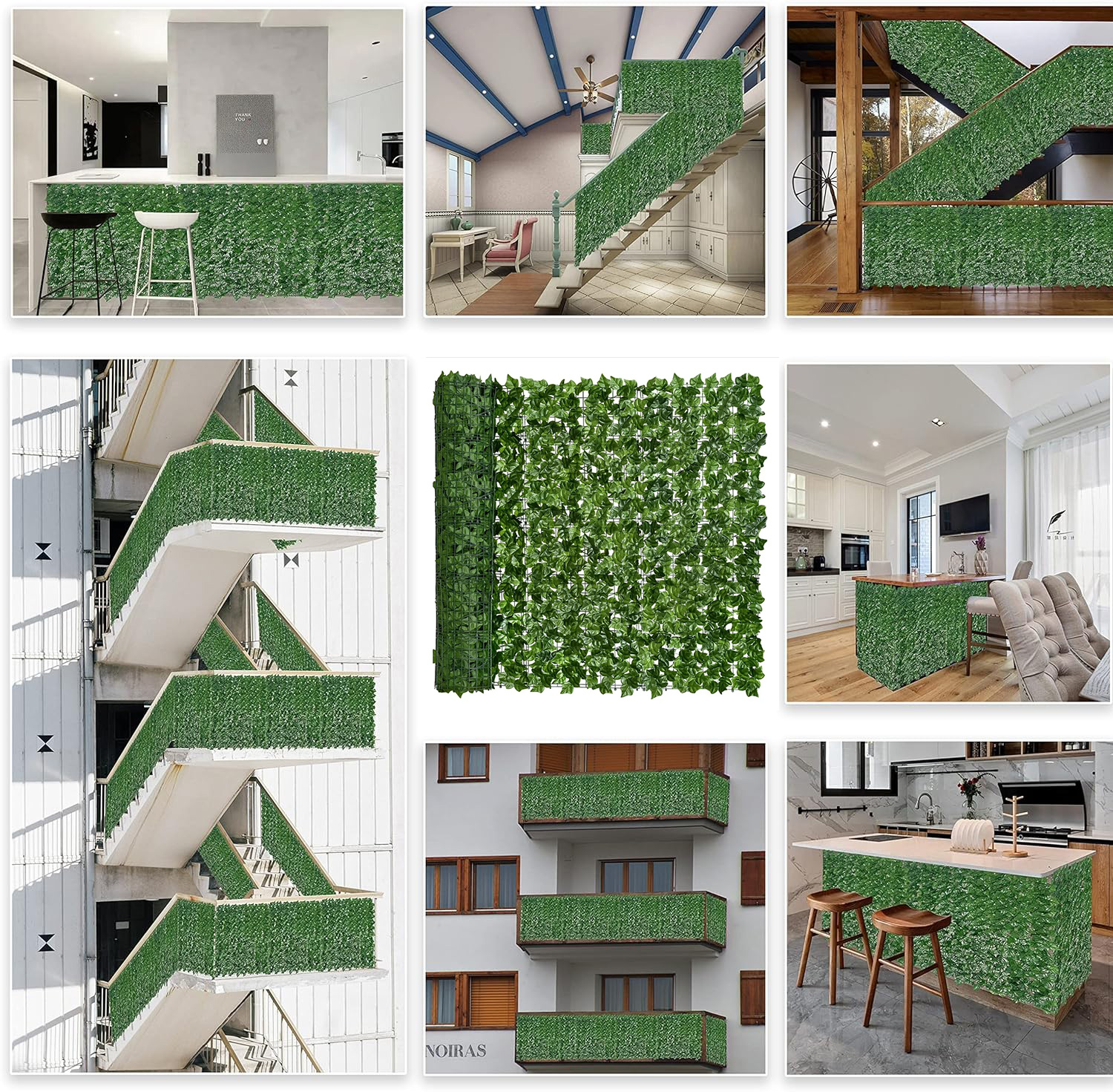 Sztuczne zielone liście zdobią różne obszary, w tym blat kuchenny i schody zewnętrzne.