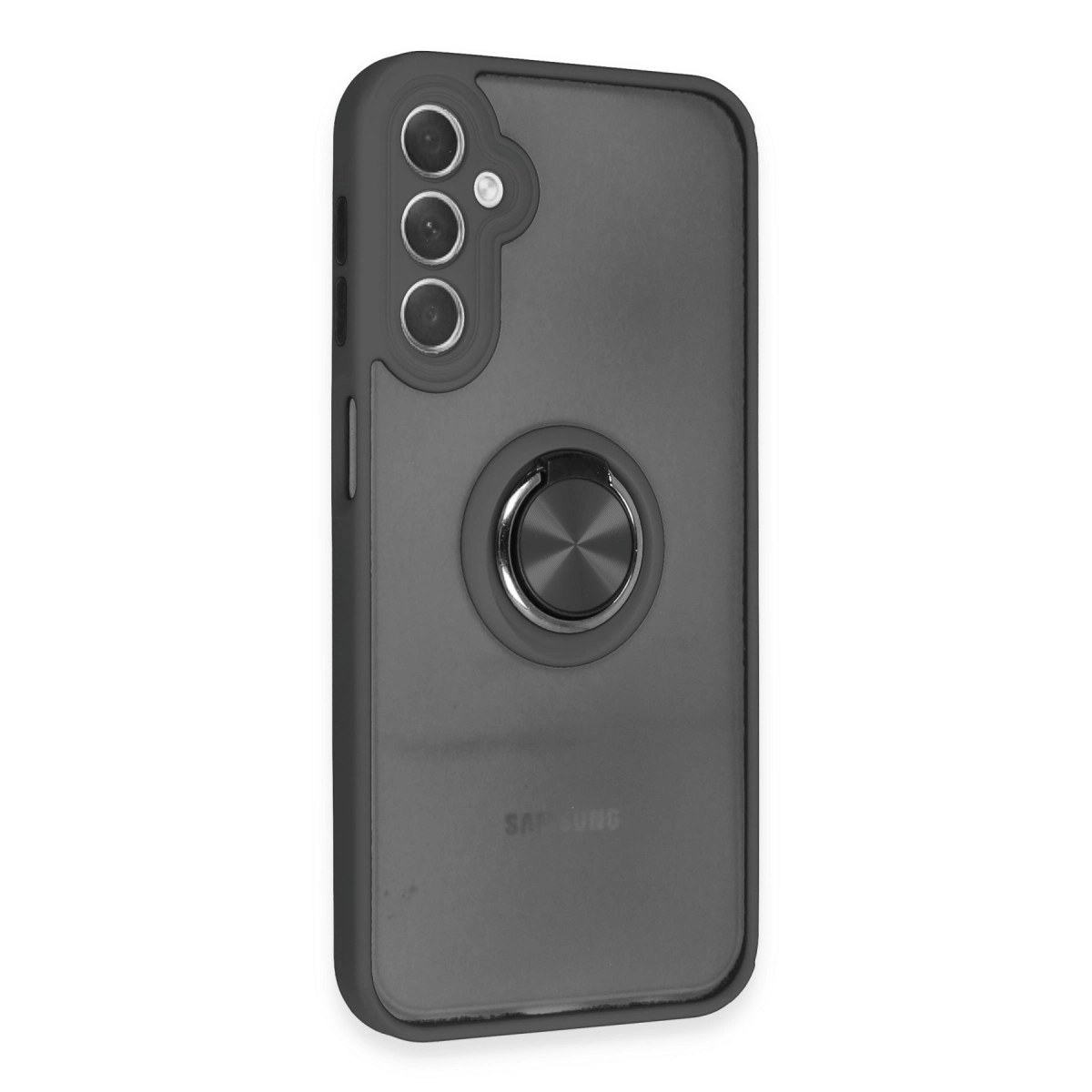 Halka tutuculu ve üç kamera lensli koyu gri telefon kılıfı.