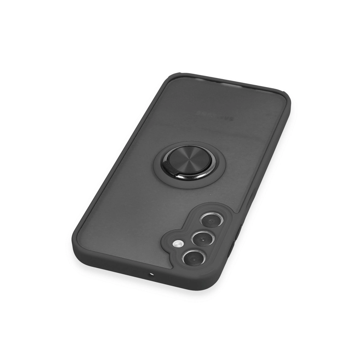Halka tutuculu ve üç kamera lensli koyu gri telefon kılıfı.