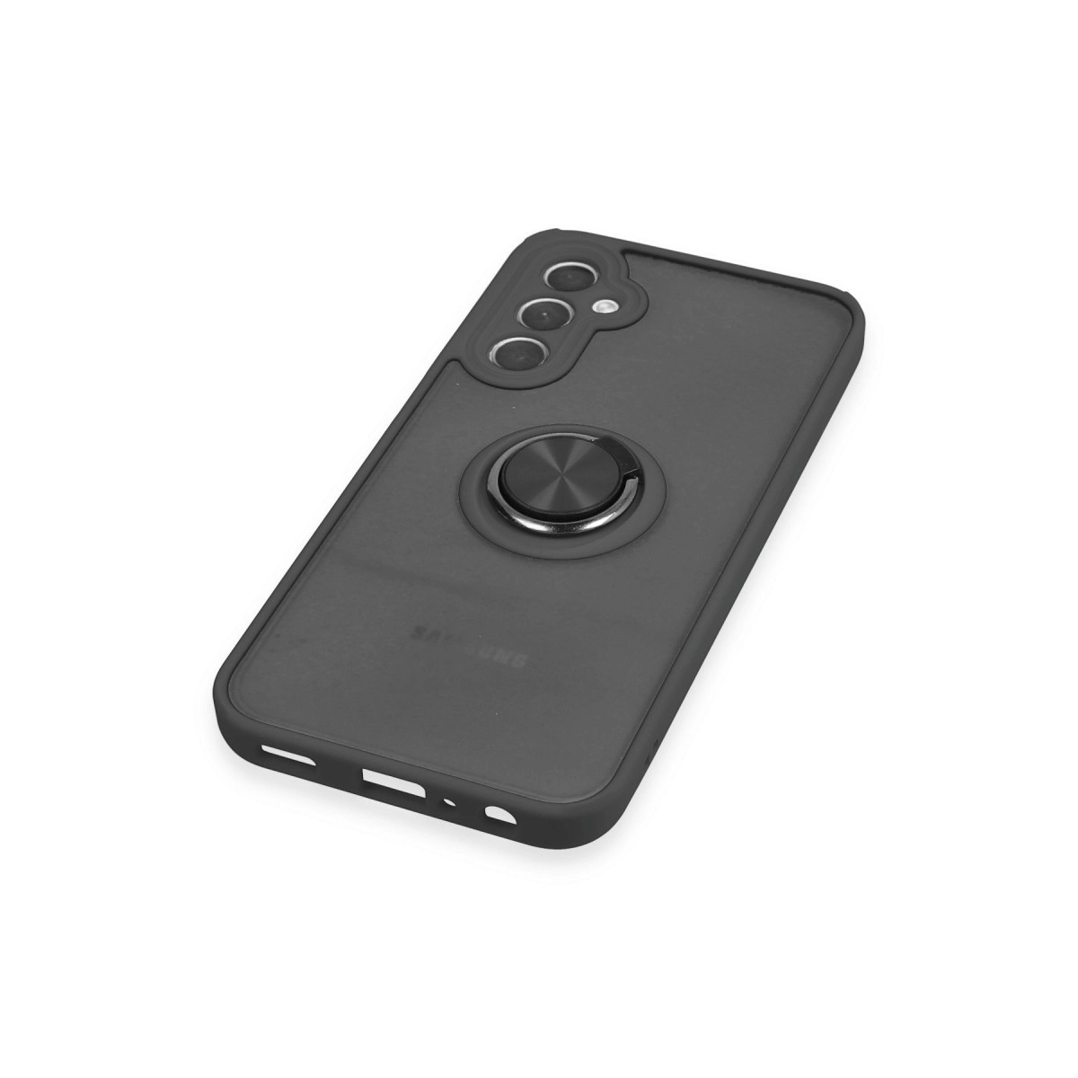 Koyu gri telefon kılıfı, halka tutucu ve beyaz arka planda üç kamera.