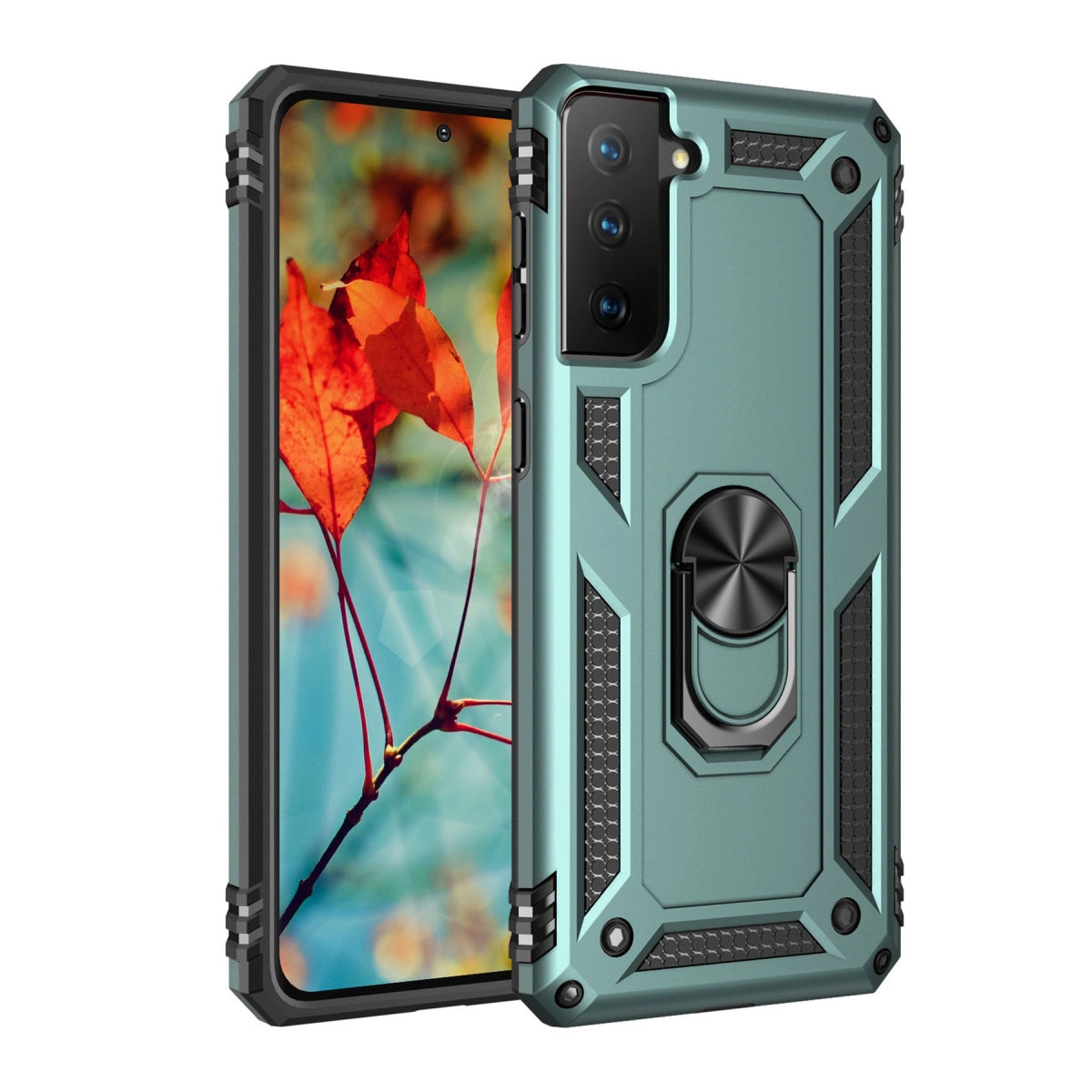 Mavi yeşil telefon kılıfı, halka tutucu ve sonbahar yaprağı duvar kağıdı.