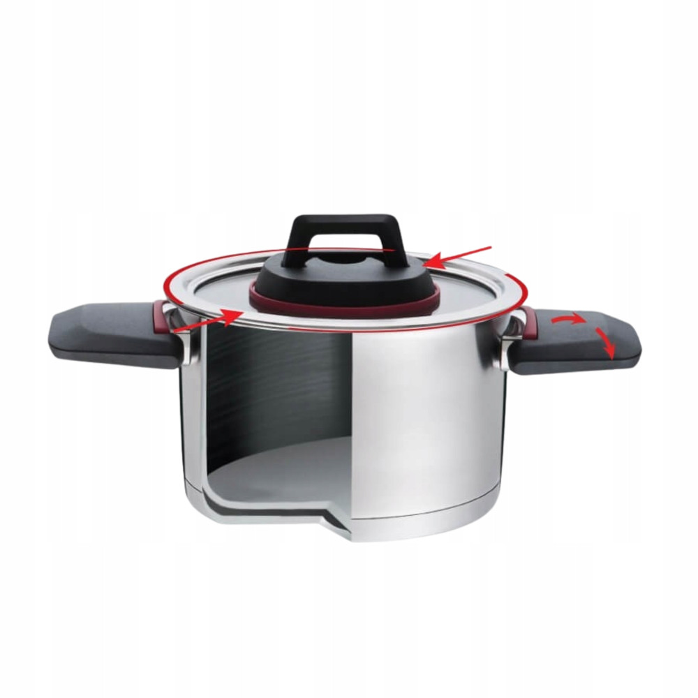 Widok przekroju garnka ze stali nierdzewnej z szklaną pokrywą i czerwonymi oznaczeniami.