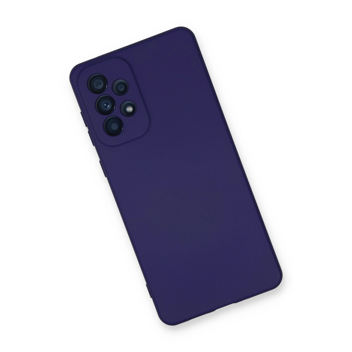 Beyaz arka plan üzerinde kamera kesimli lacivert telefon kılıfı.