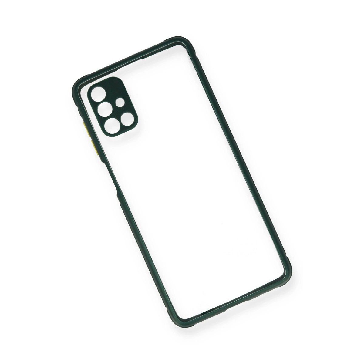 Kamera kesimli, koyu yeşil çerçeveli şeffaf telefon kılıfı.