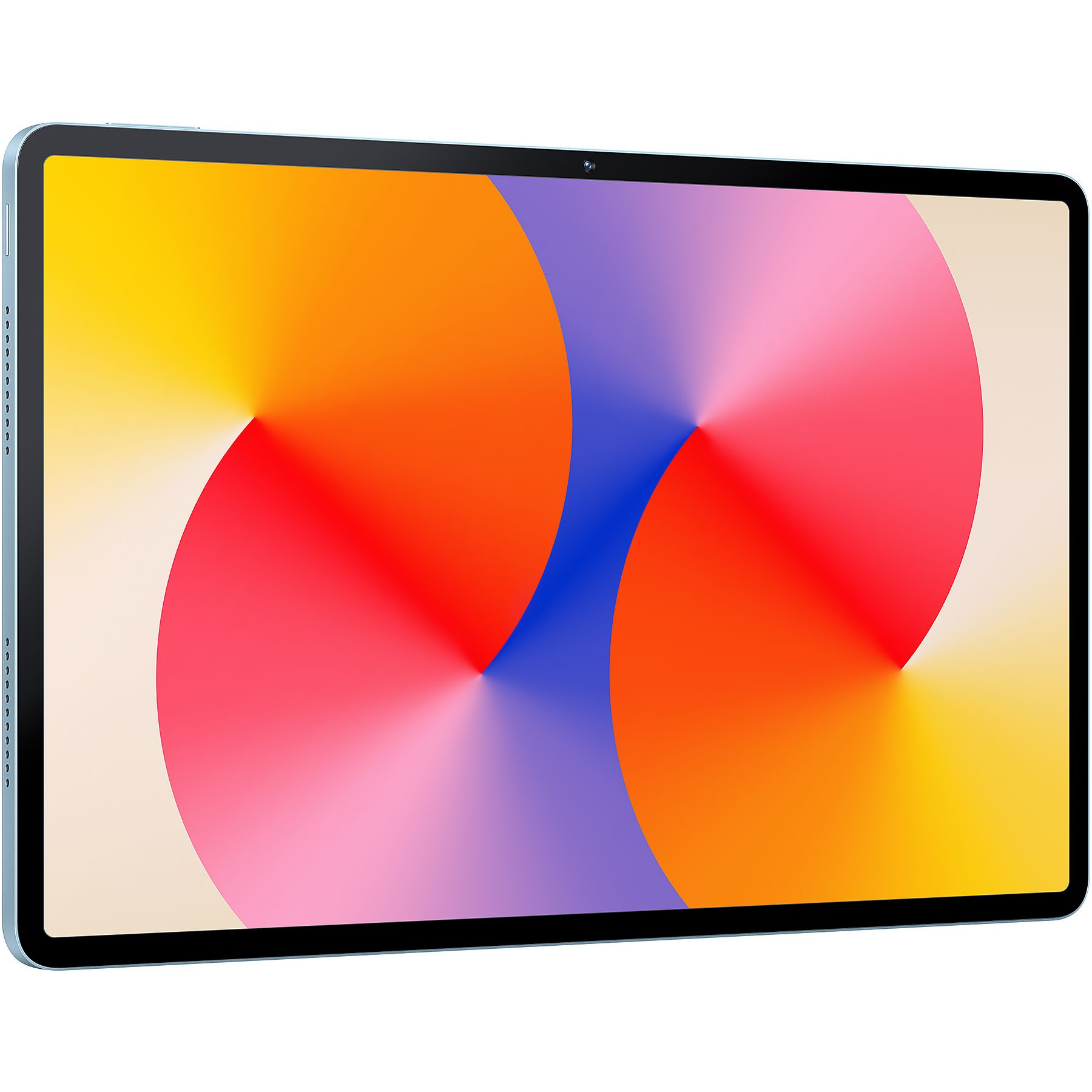 Un tablet azzurro mostra uno sfondo astratto colorato sul suo schermo.