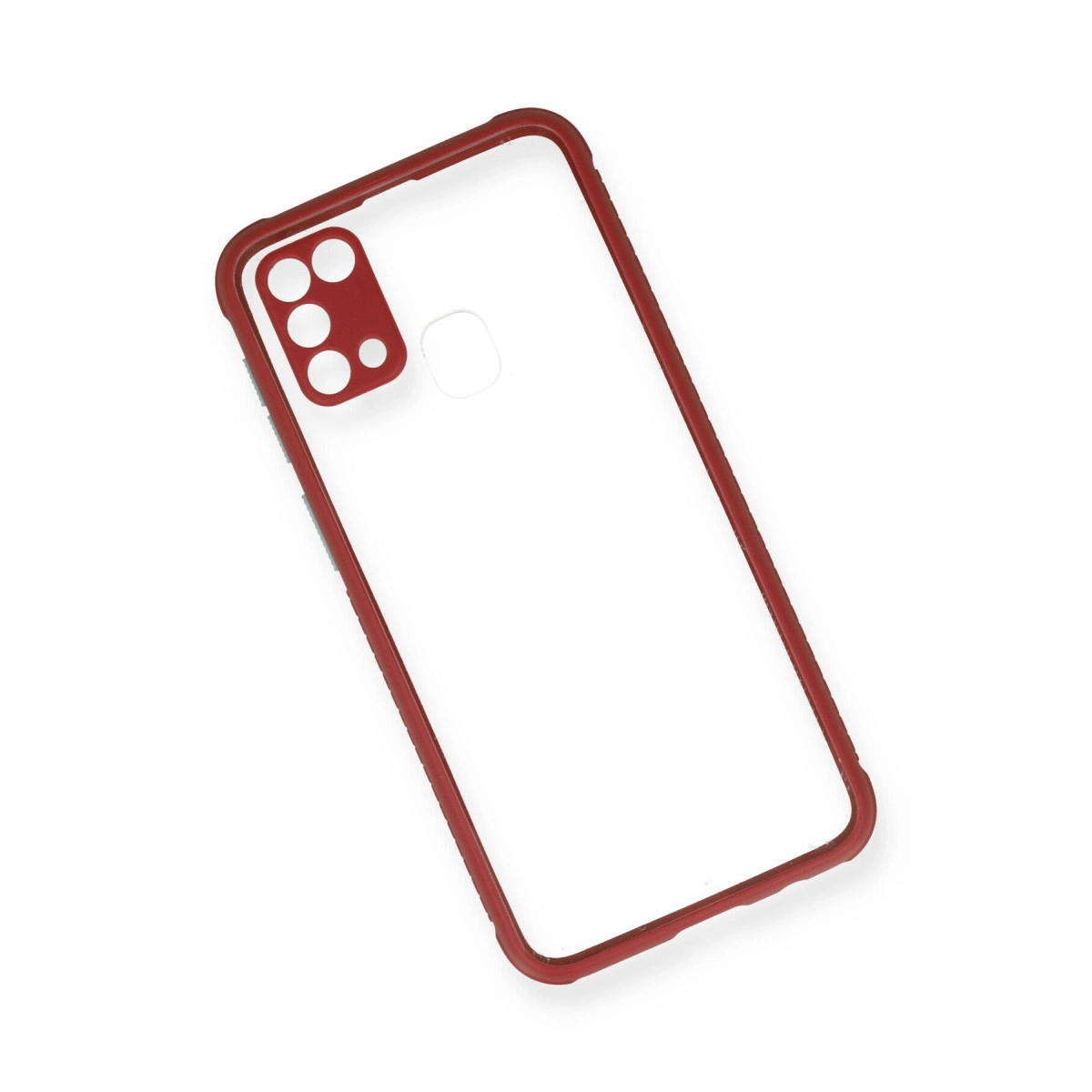 Kırmızı kenarlı ve kamera kesimli şeffaf telefon kılıfı.