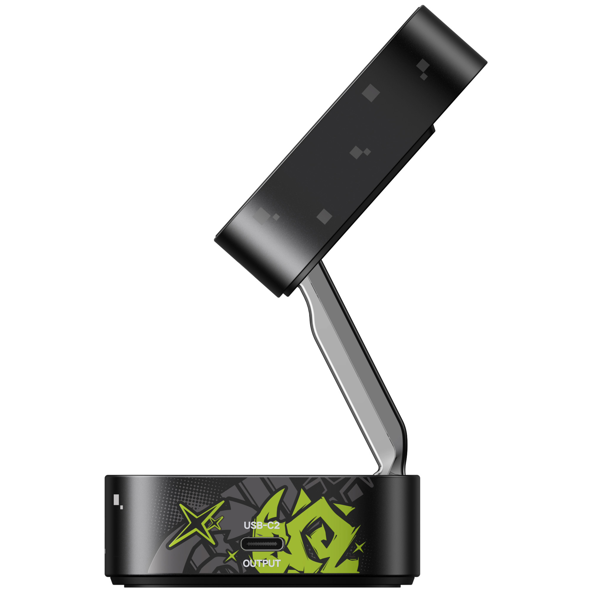 Czarny sprzęt elektroniczny z portami USB-C i wyjściowymi oraz zielonymi akcentami.