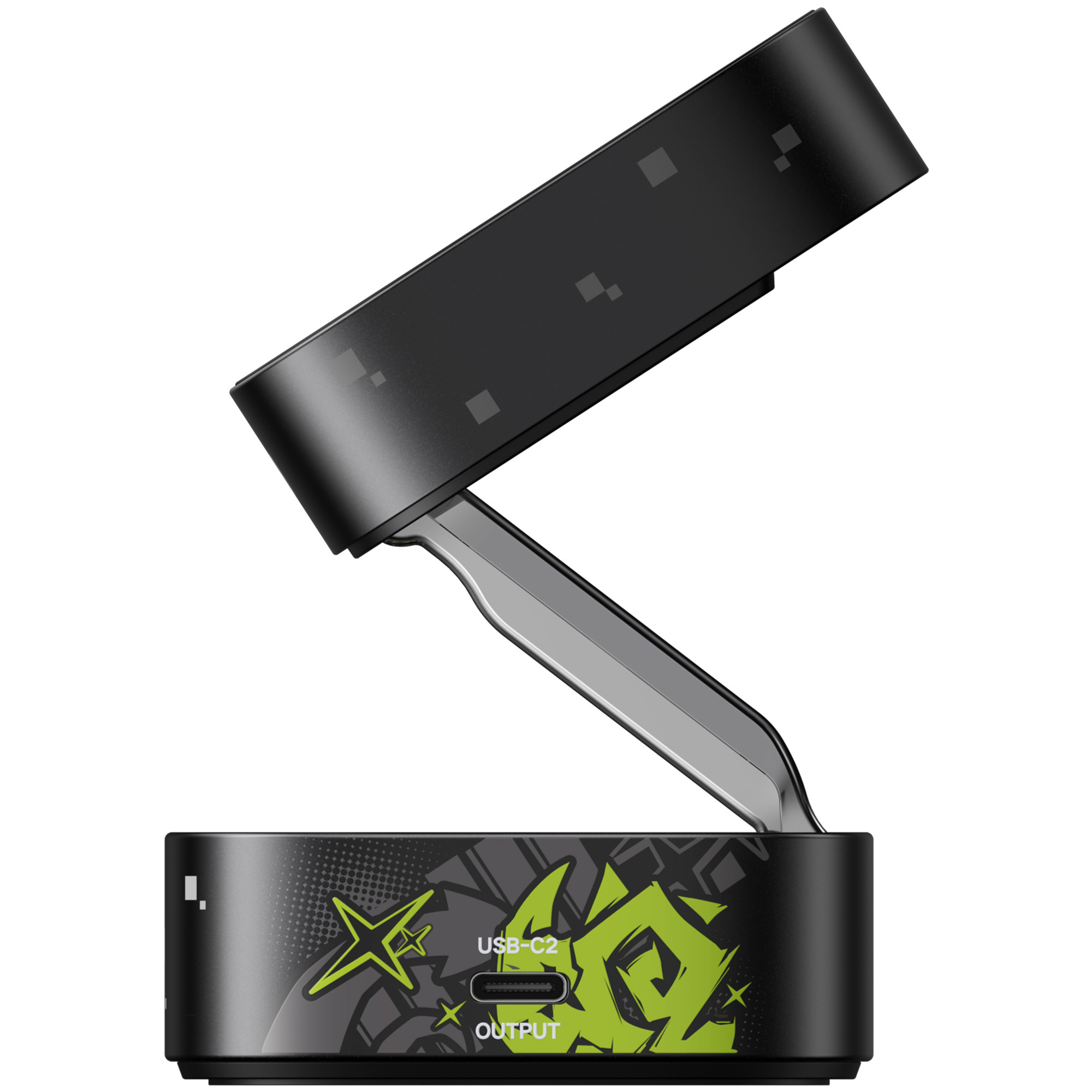 Czarne urządzenie USB-C z szarymi akcentami i zielonym wzorem graficznym.