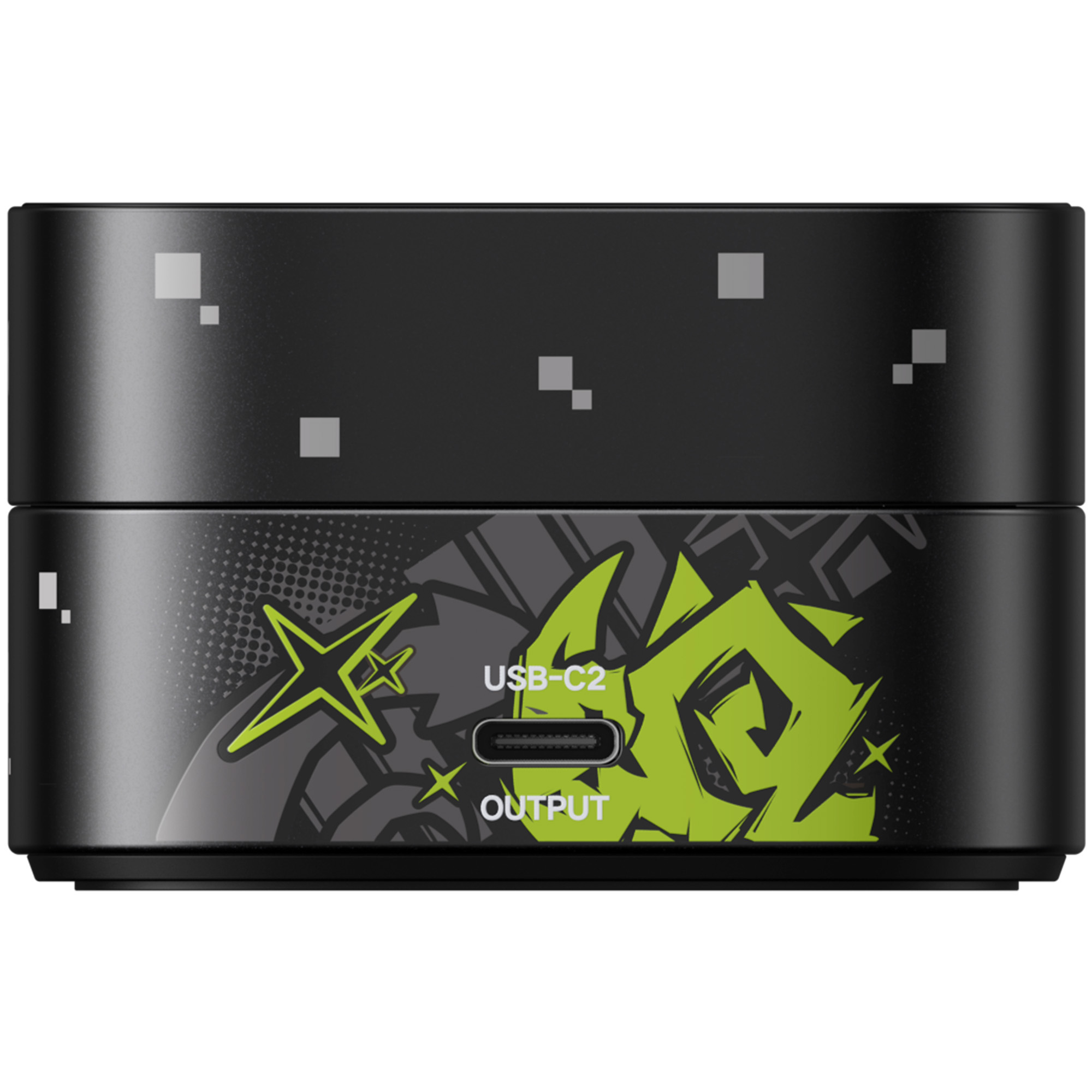 Czarne urządzenie z wzorem pikseli i zieloną grafiką graffiti. USB-C i OUTPUT.
