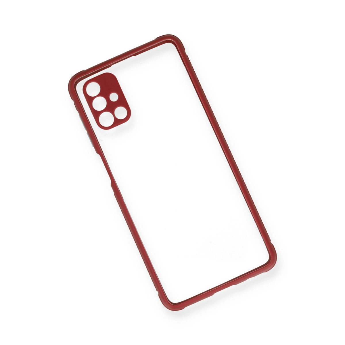 Kırmızı kenarlı şeffaf telefon kılıfı ve kamera kesiği.