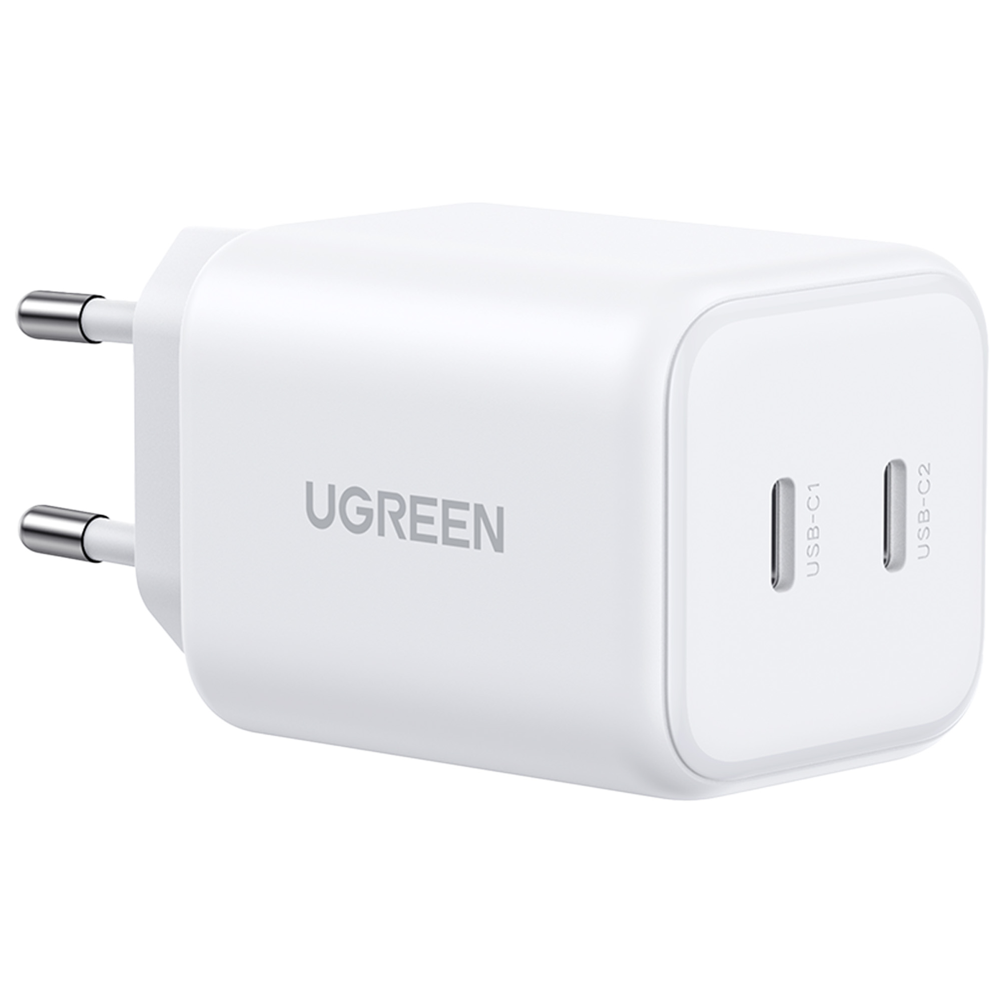 Caricatore bianco UGREEN con due porte USB-C e due pin argentati.