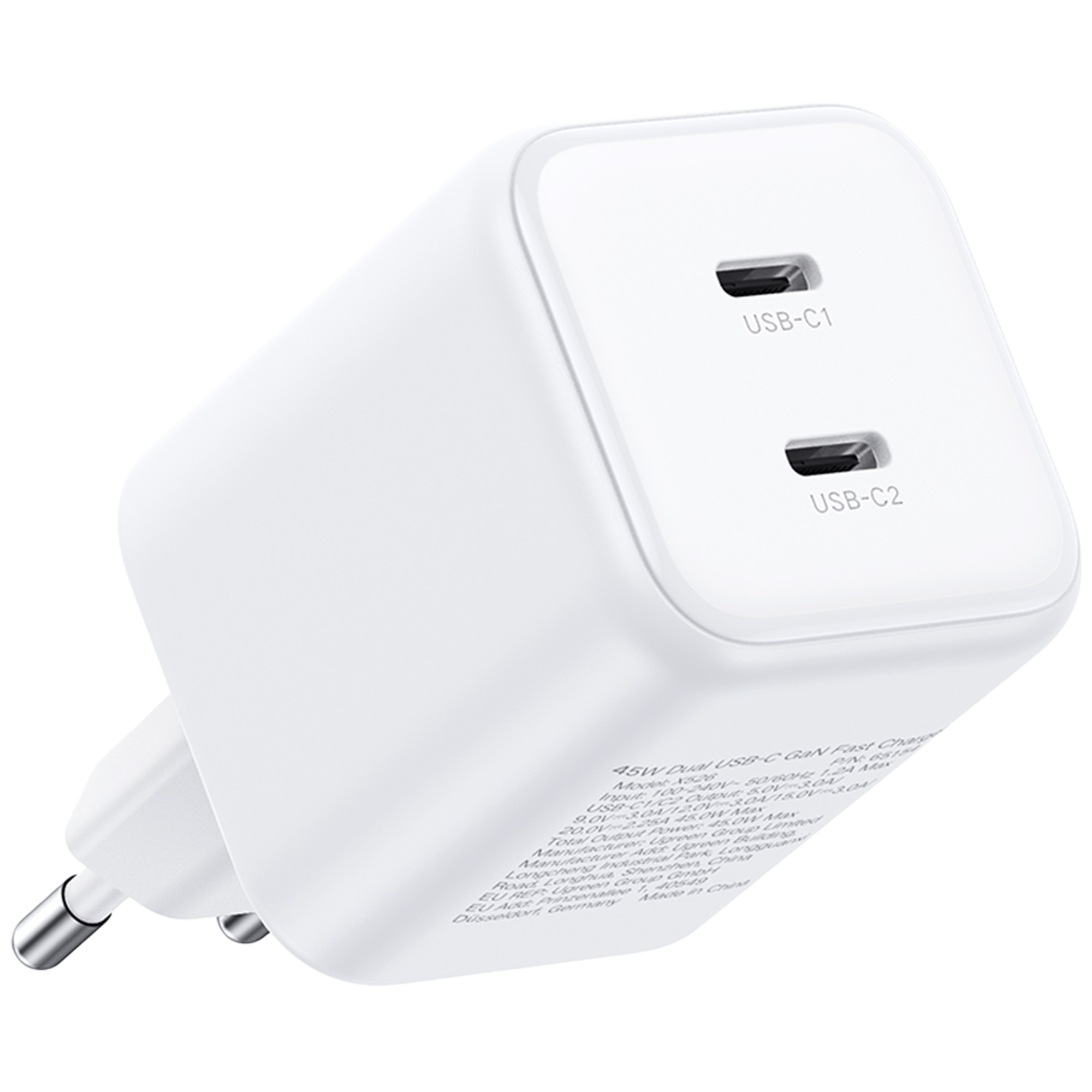 Biała ładowarka GaN dual USB-C 45W z dwoma portami USB-C i wtyczką EU.