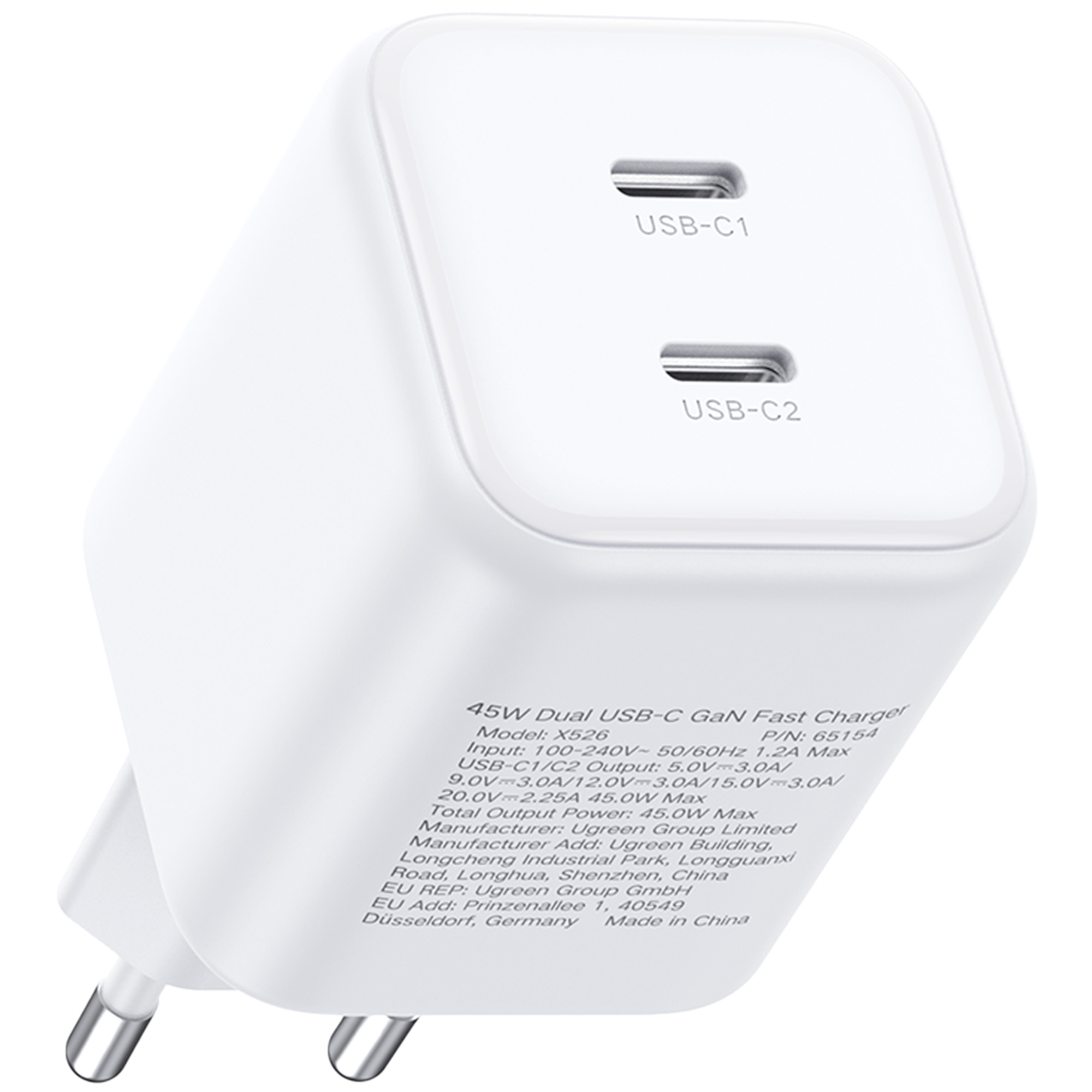Biała ładowarka GaN 45W dual USB-C z dwoma portami USB-C i wtyczkami europejskimi.