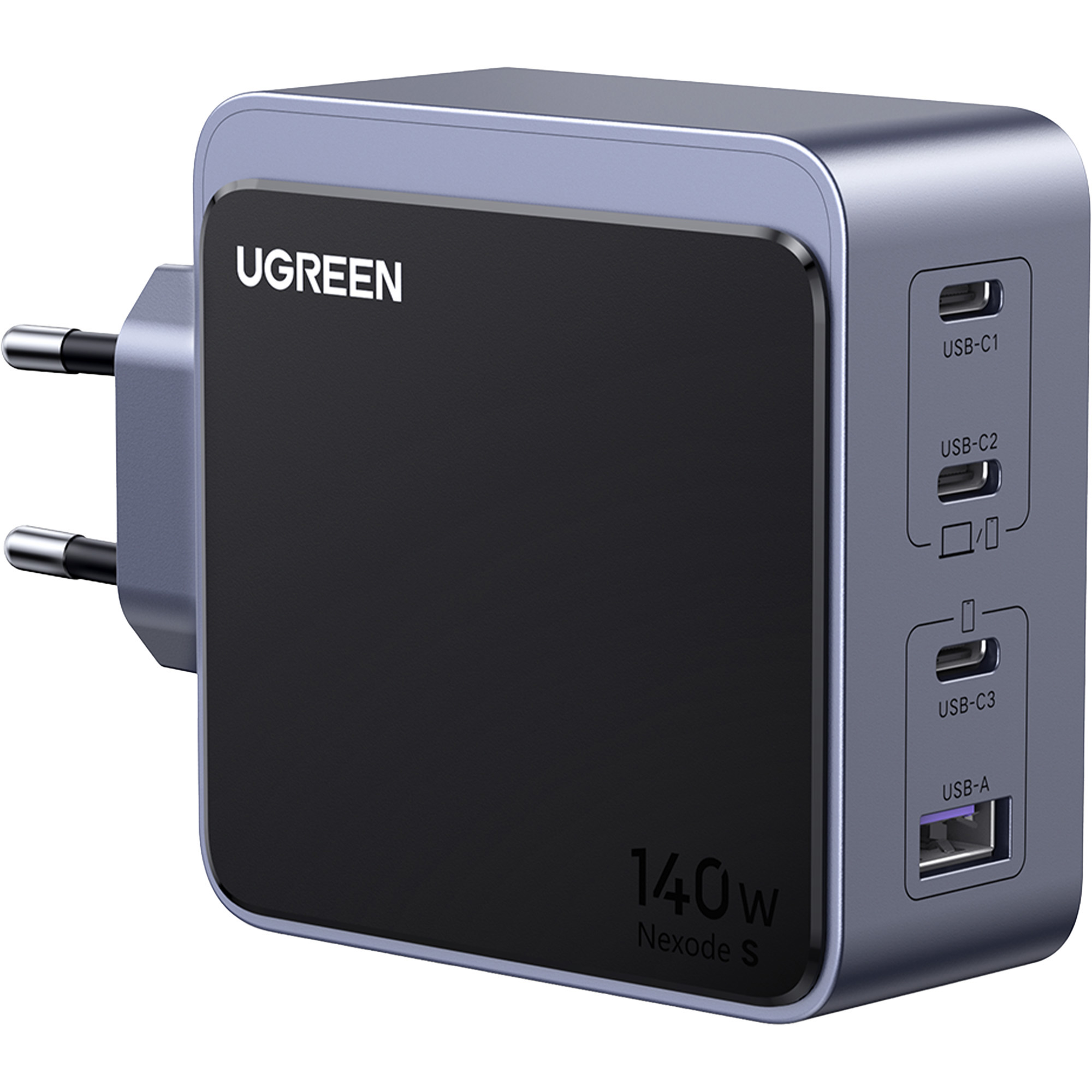 Szara ładowarka UGREEN z 3 portami USB-C i 1 USB-A.