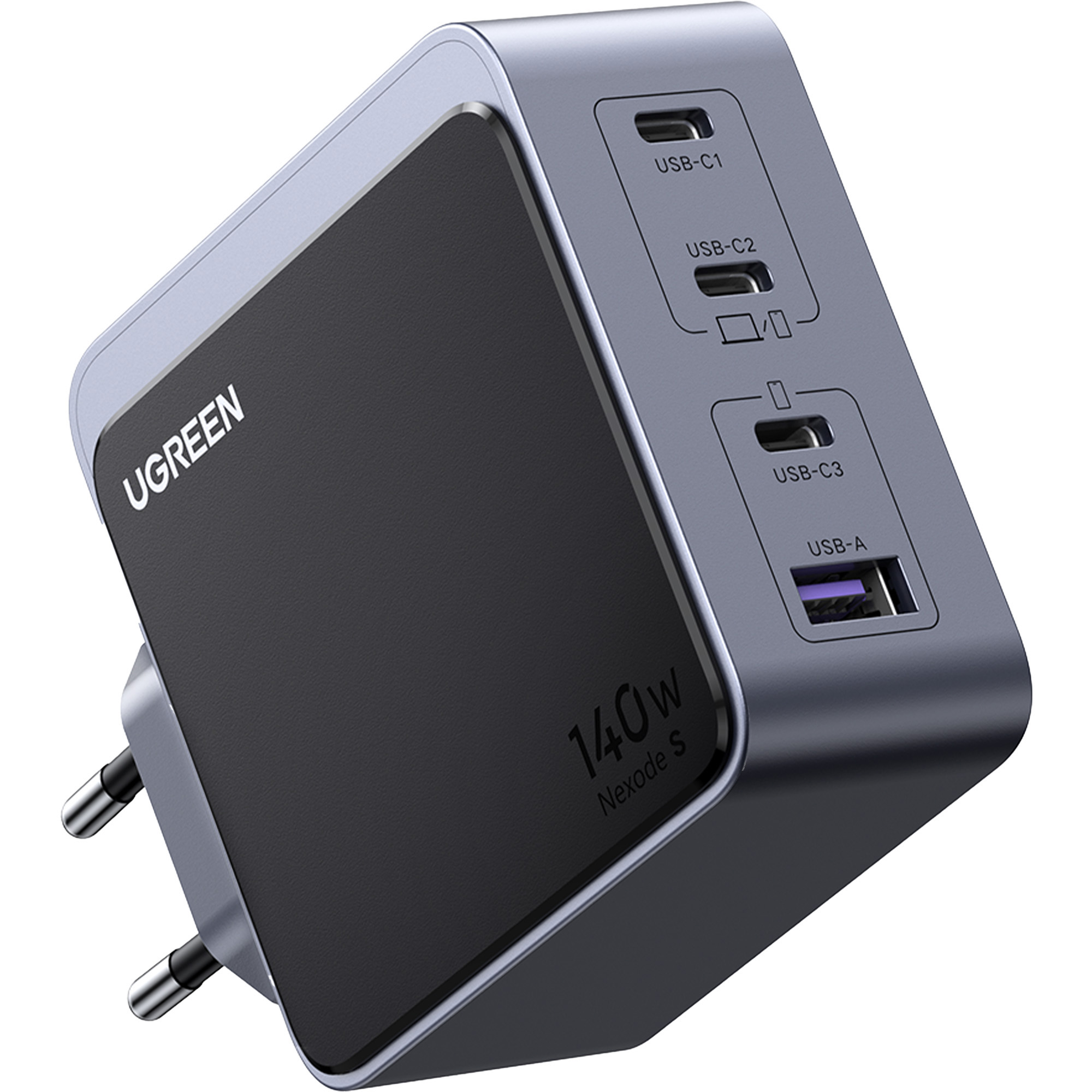 Szara ładowarka UGREEN z 3 portami USB-C i 1 USB-A.