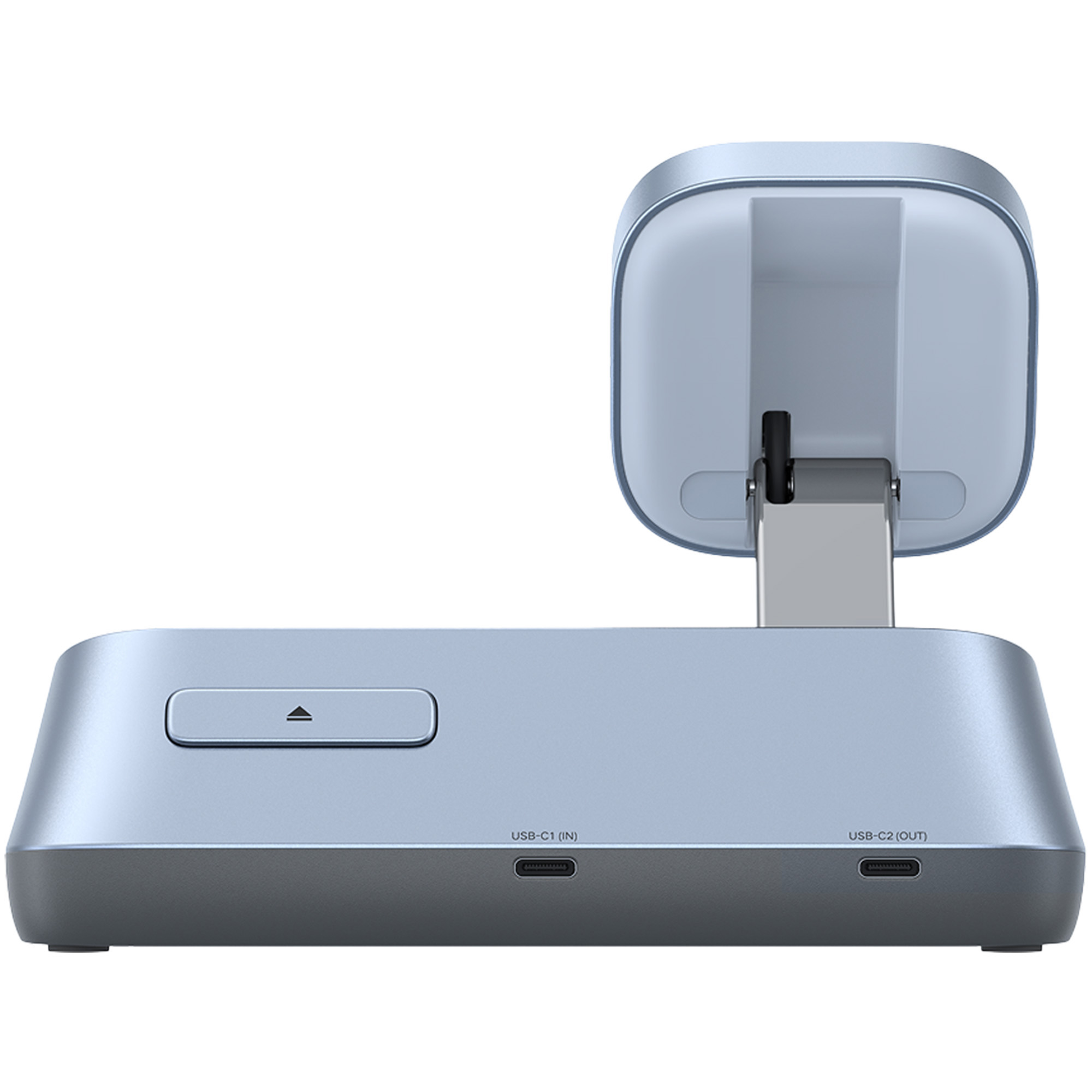 Jasnoniebieska stacja ładująca z uchwytem na ekran, dwoma portami USB-C i przyciskiem.