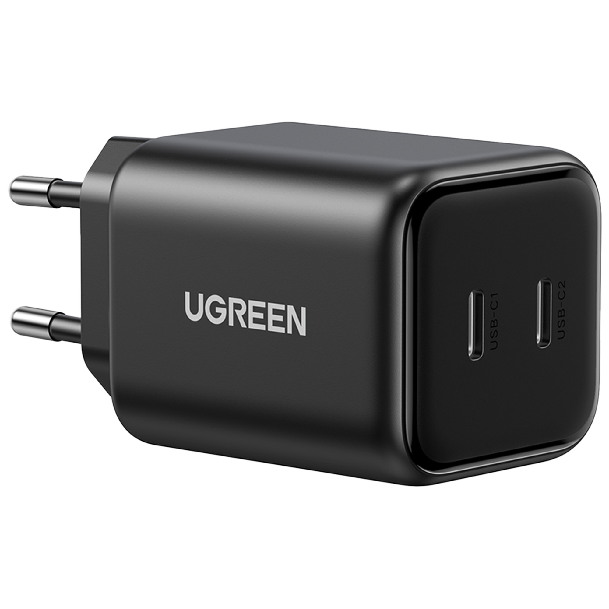 Czarna ładowarka UGREEN USB-C z dwoma portami i wtyczką europejską.