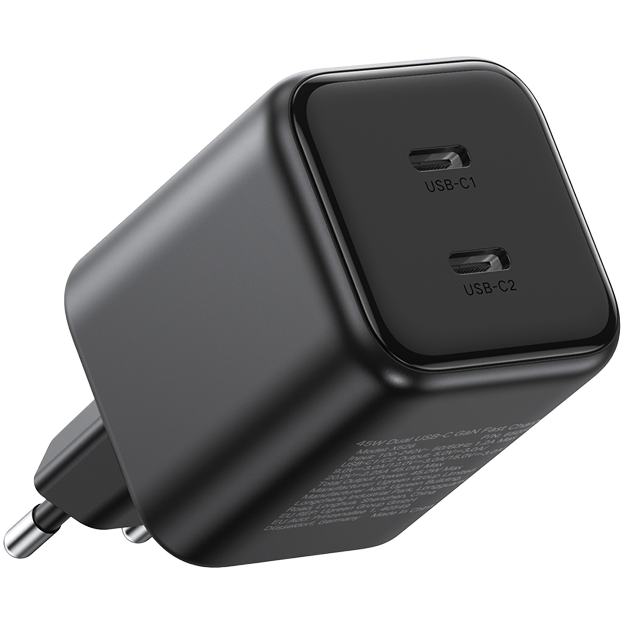 Czarna ładowarka GaN USB-C z dwoma portami i wtyczką EU.