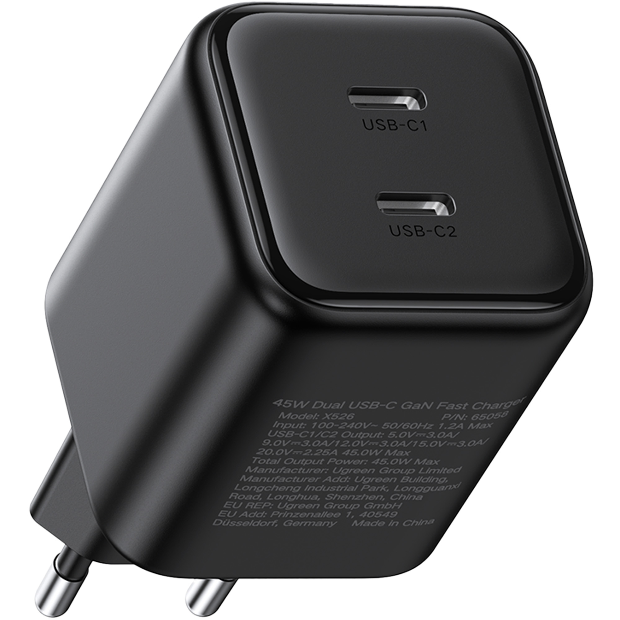 Czarny adapter sieciowy z dwoma portami USB-C i wtyczką EU.