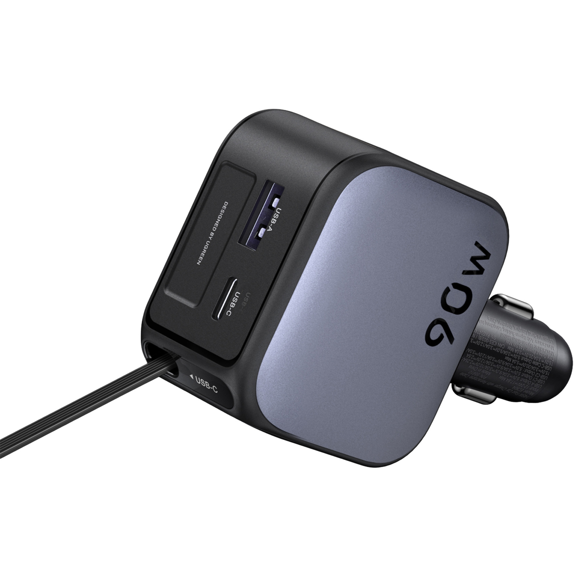 Czarno-szara ładowarka samochodowa USB 90W z wieloma portami i czarnym kablem.