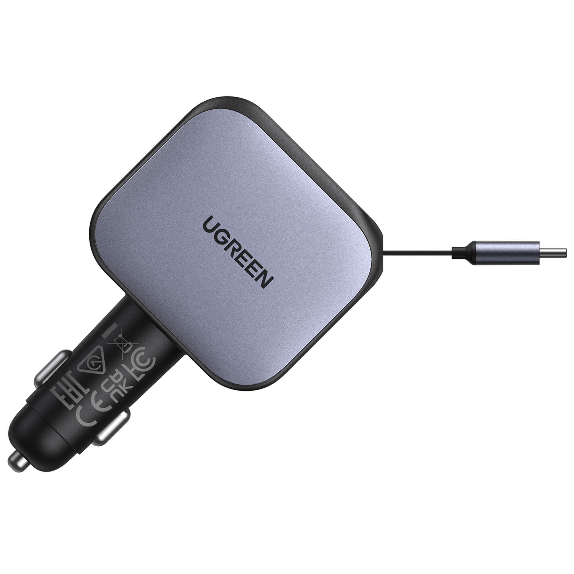 Szary adapter samochodowy UGREEN z czarną wtyczką i kablem USB-C.