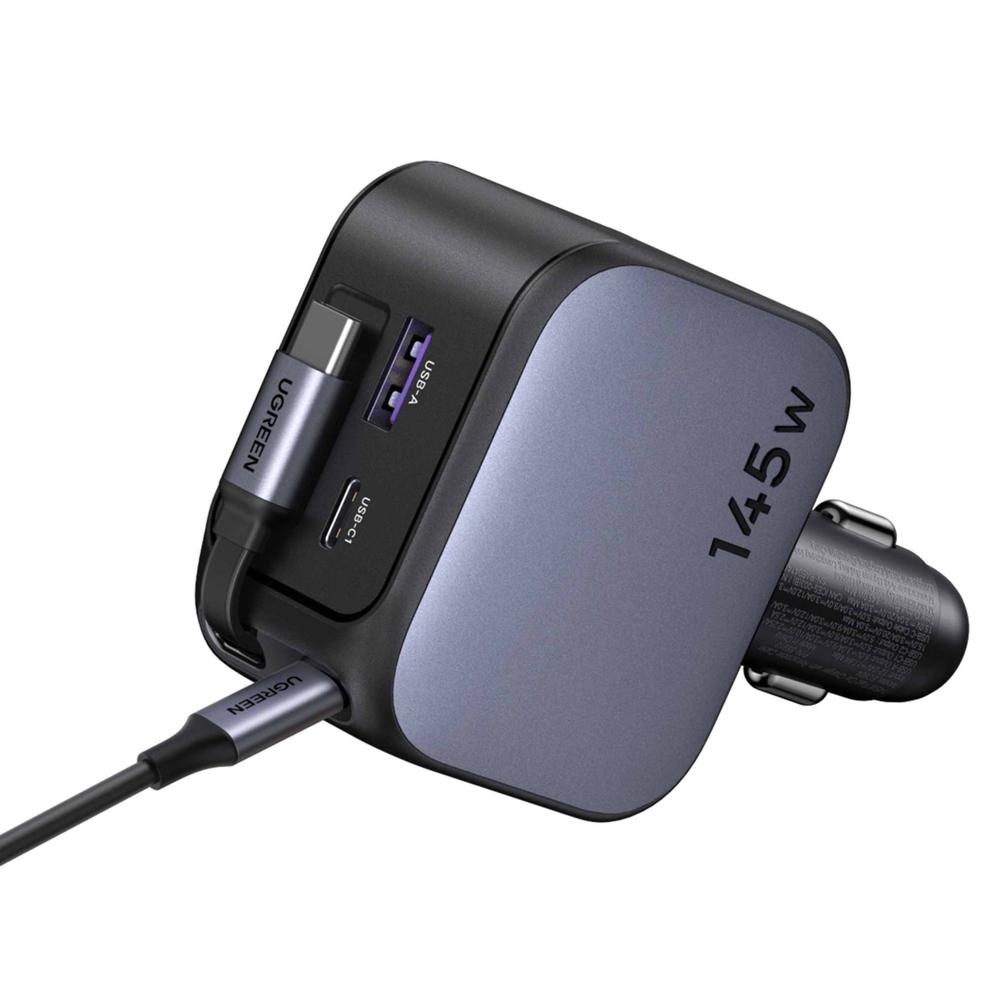 Czarna ładowarka samochodowa UGREEN 145W z portami USB-A i USB-C.