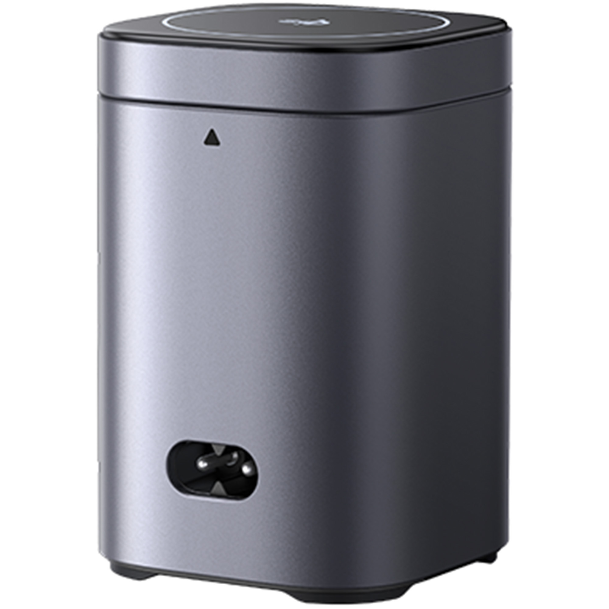 Szare cylindryczne naczynie z czarną górą i gniazdem.