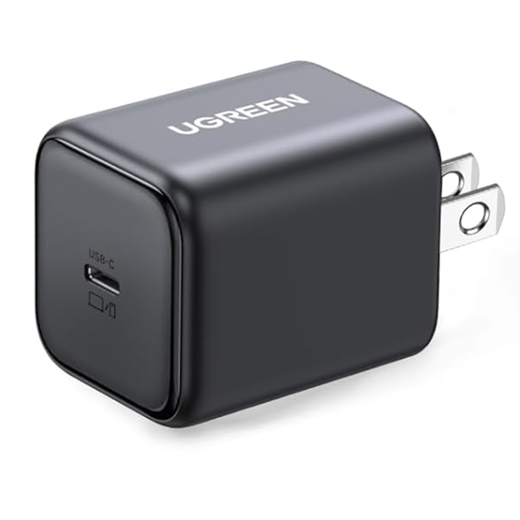 Czarna ładowarka USB-C z logo UGREEN i dwoma płaskimi bolcami.