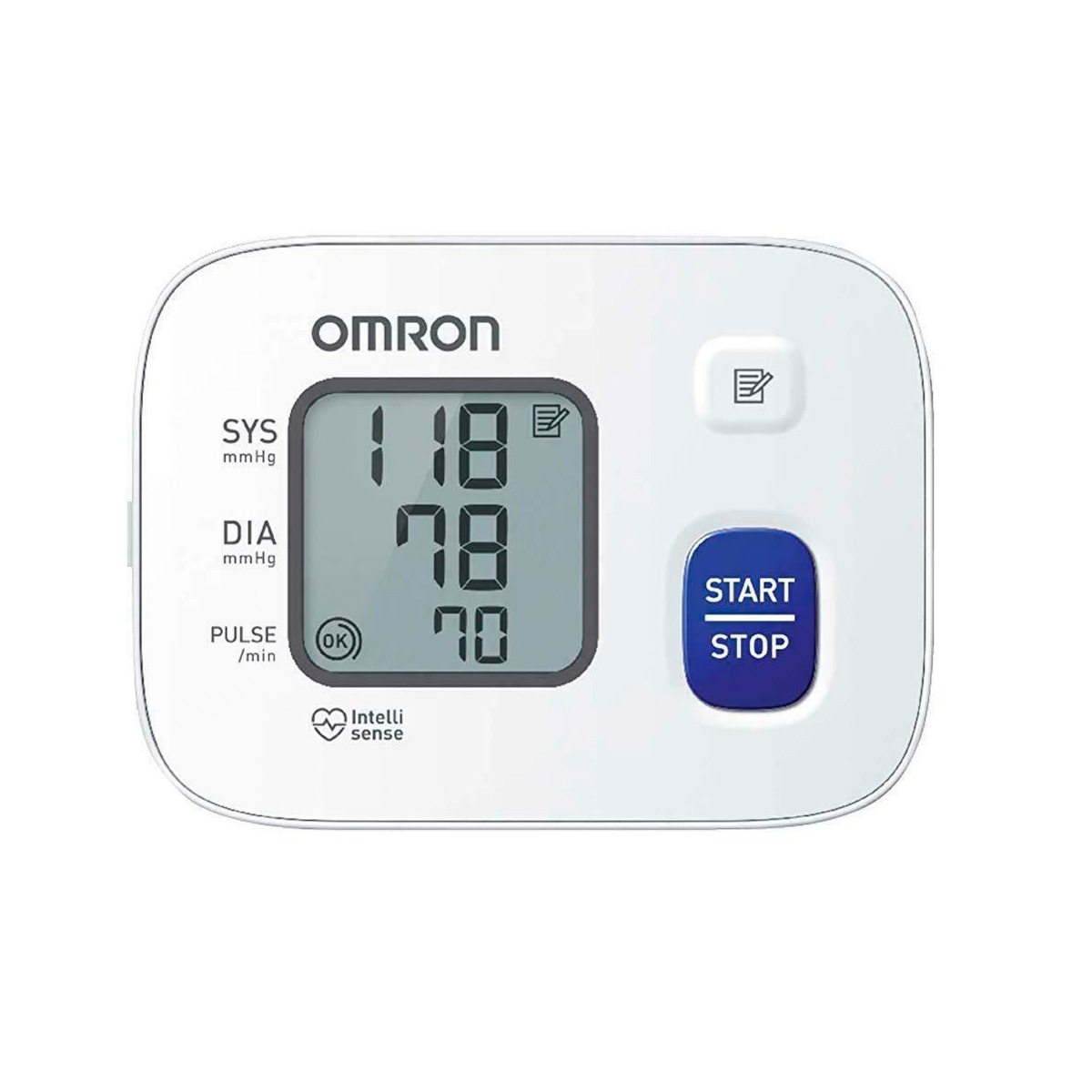 Biały ciśnieniomierz Omron z niebieskim przyciskiem start/stop i wyświetlaczem LCD.