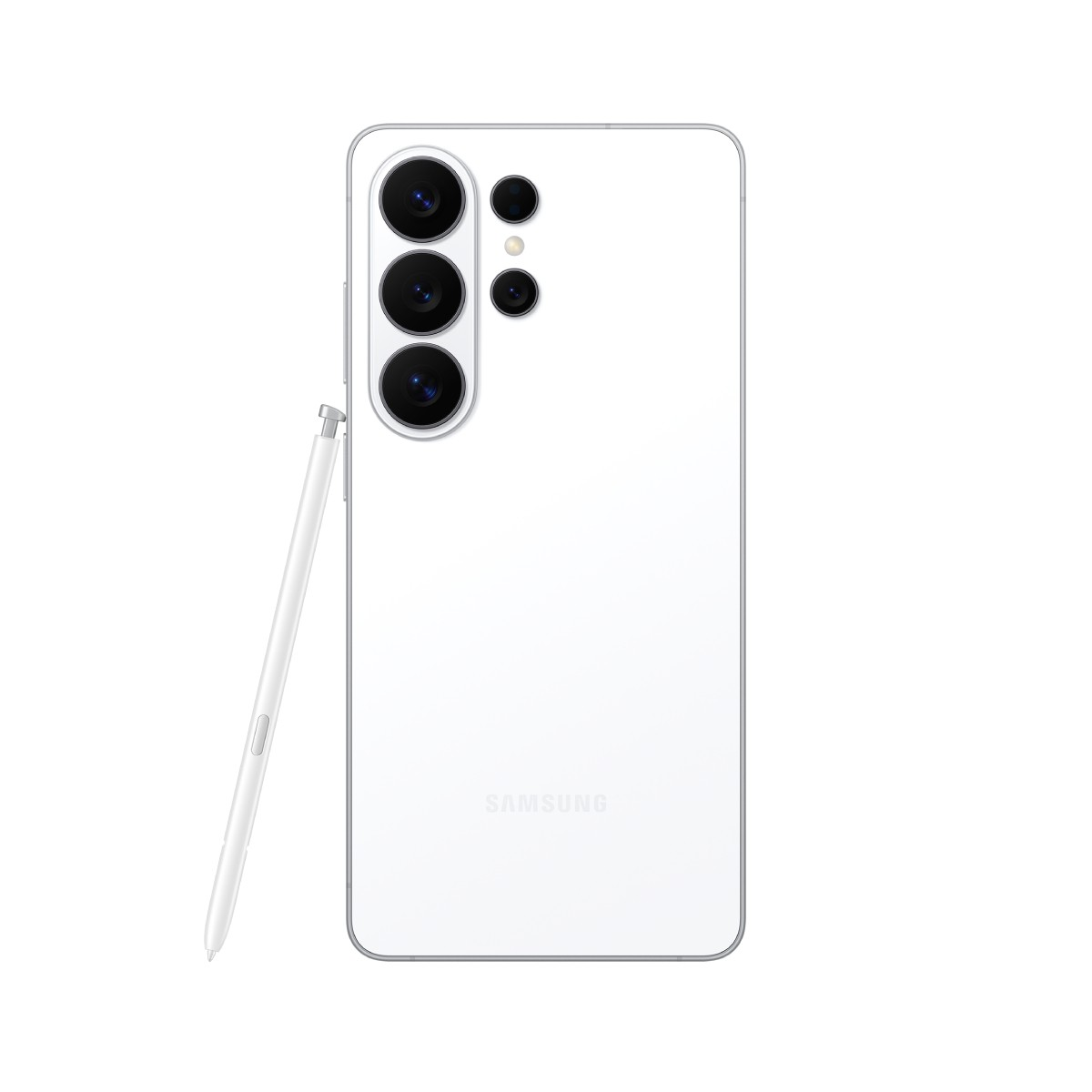 Biały smartfon z wieloma aparatami i rysikiem obok.