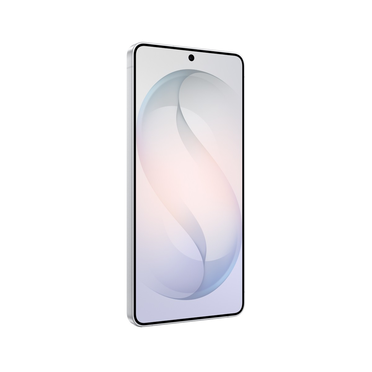 Elegancki, srebrny smartfon z białym tłem i abstrakcyjnym wzorem.