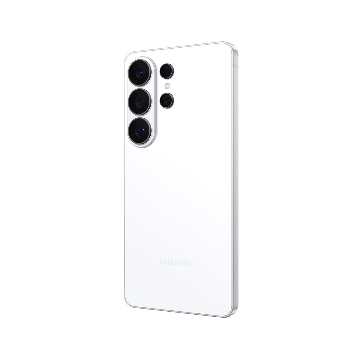 Biały smartfon Samsung z czterema aparatami z tyłu.