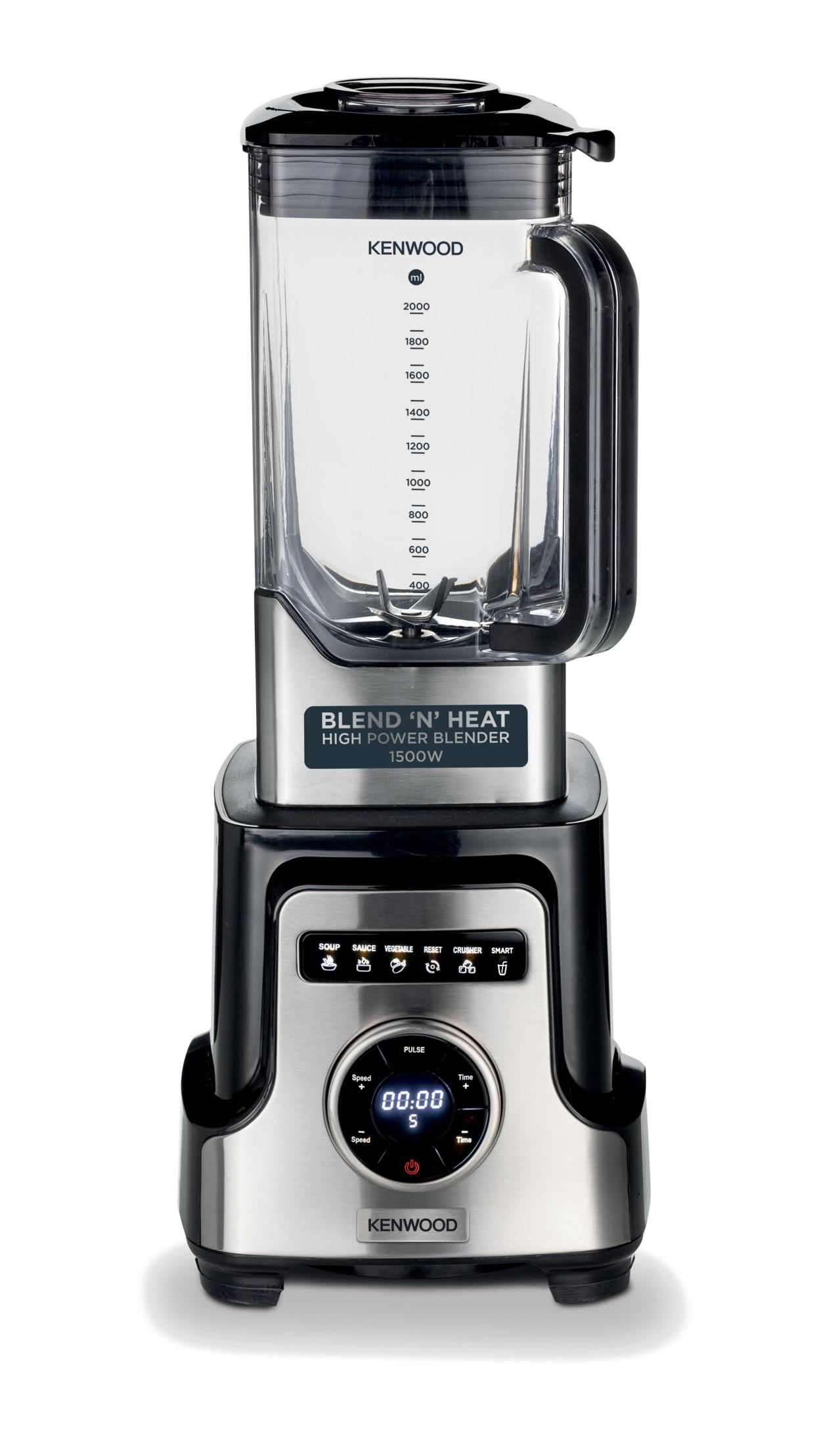 Dijital ekranlı gümüş ve siyah Kenwood yüksek güçlü blender.