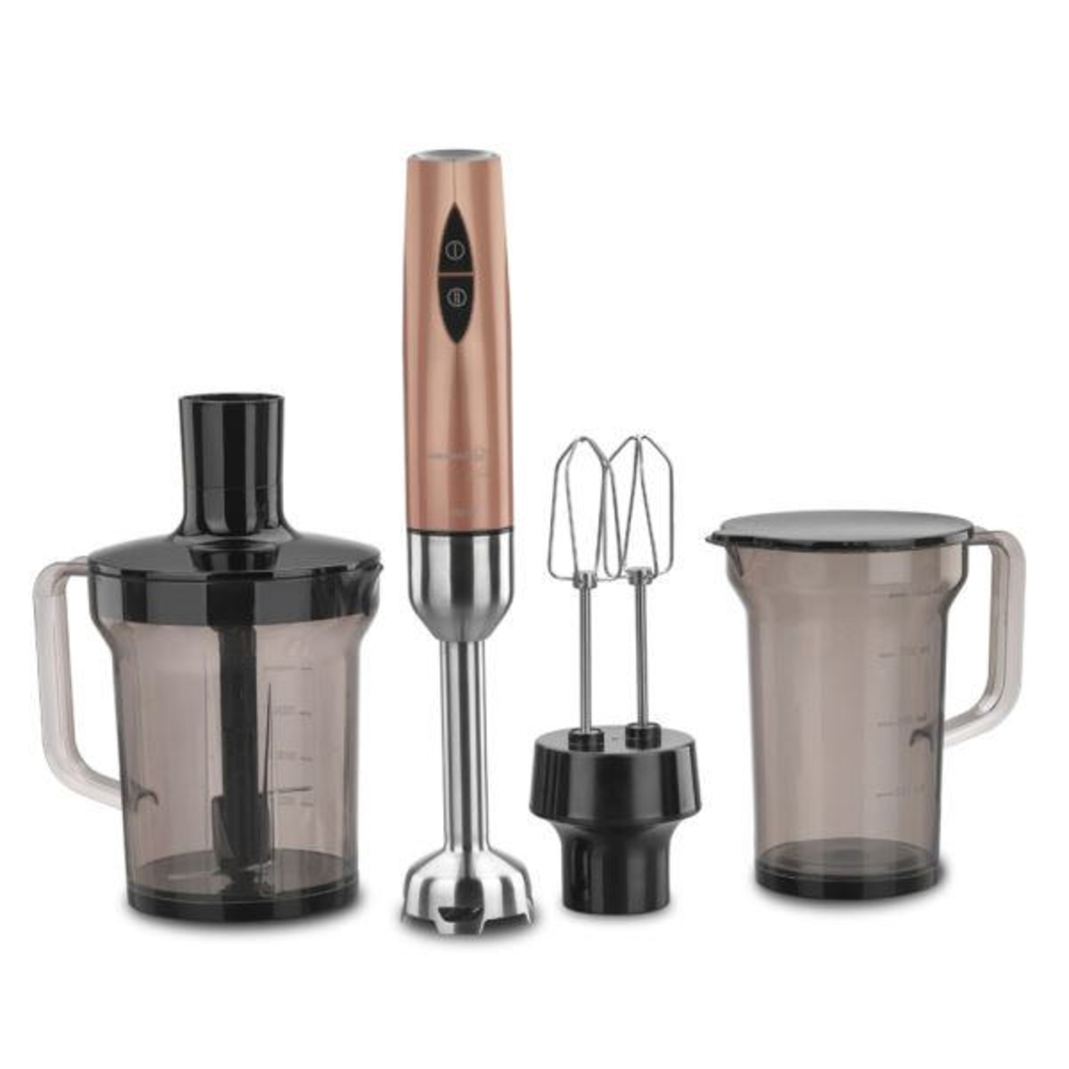 Metal şaftlı, çırpma aparatlı ve iki kaplı rose gold el blenderi.