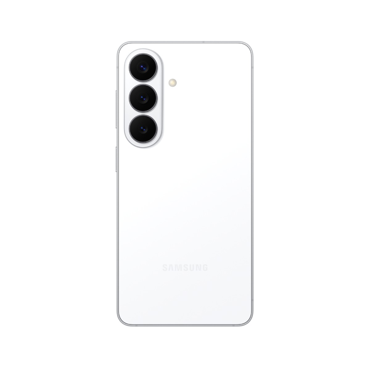 Biały smartfon Samsung widok z tyłu z trzema pionowymi aparatami i lampą.
