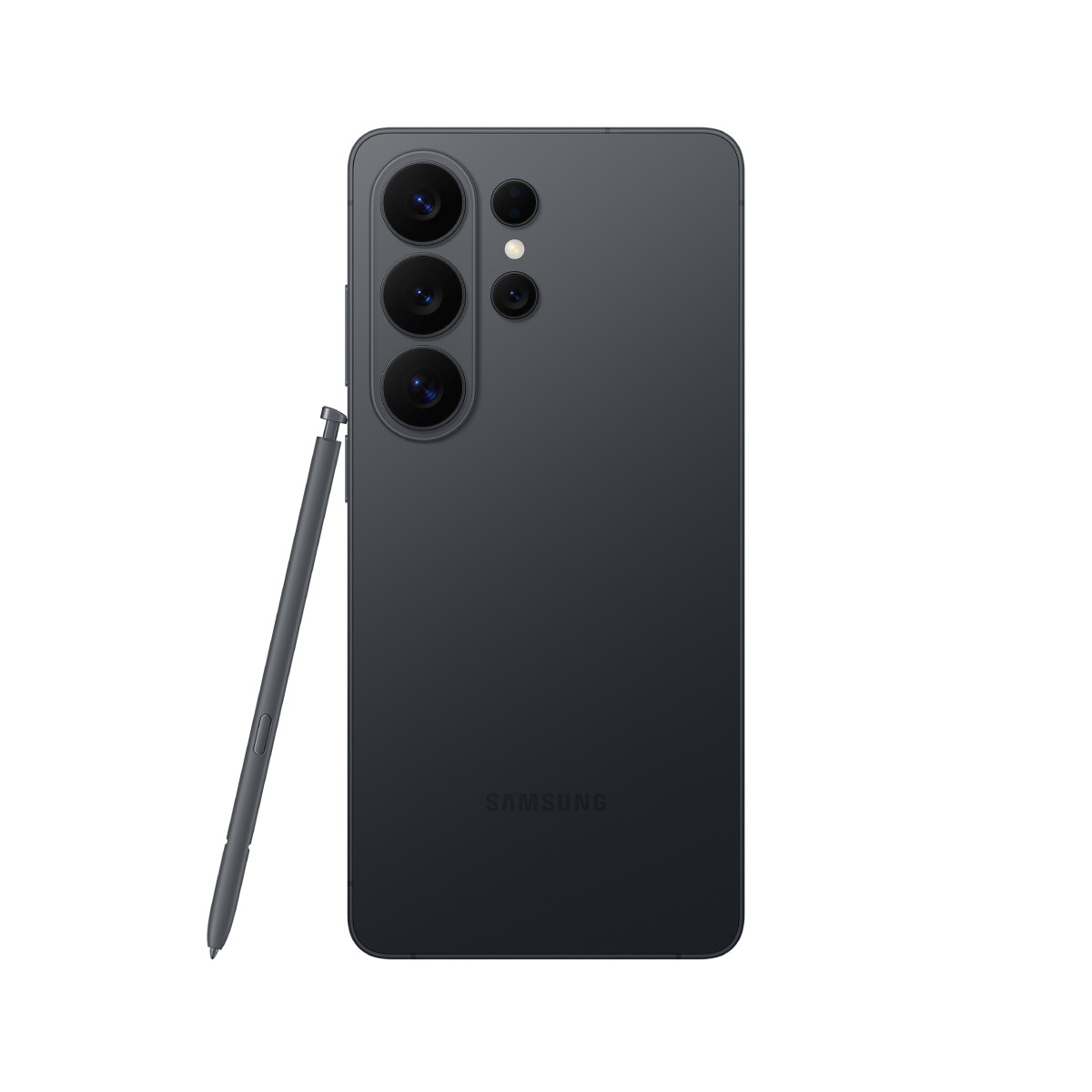 Dunkelgraues Samsung-Handy mit Stift, zeigt rückseitige Kamera und Samsung-Logo.