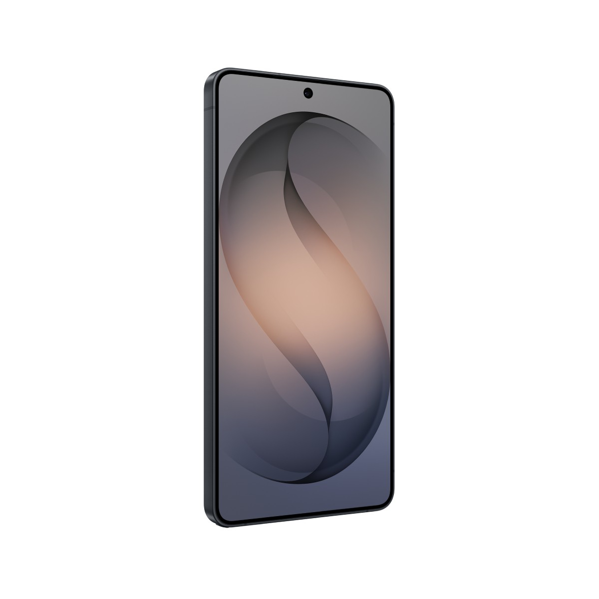 Ciemny smartfon z abstrakcyjną, zakrzywioną tapetą na ekranie.