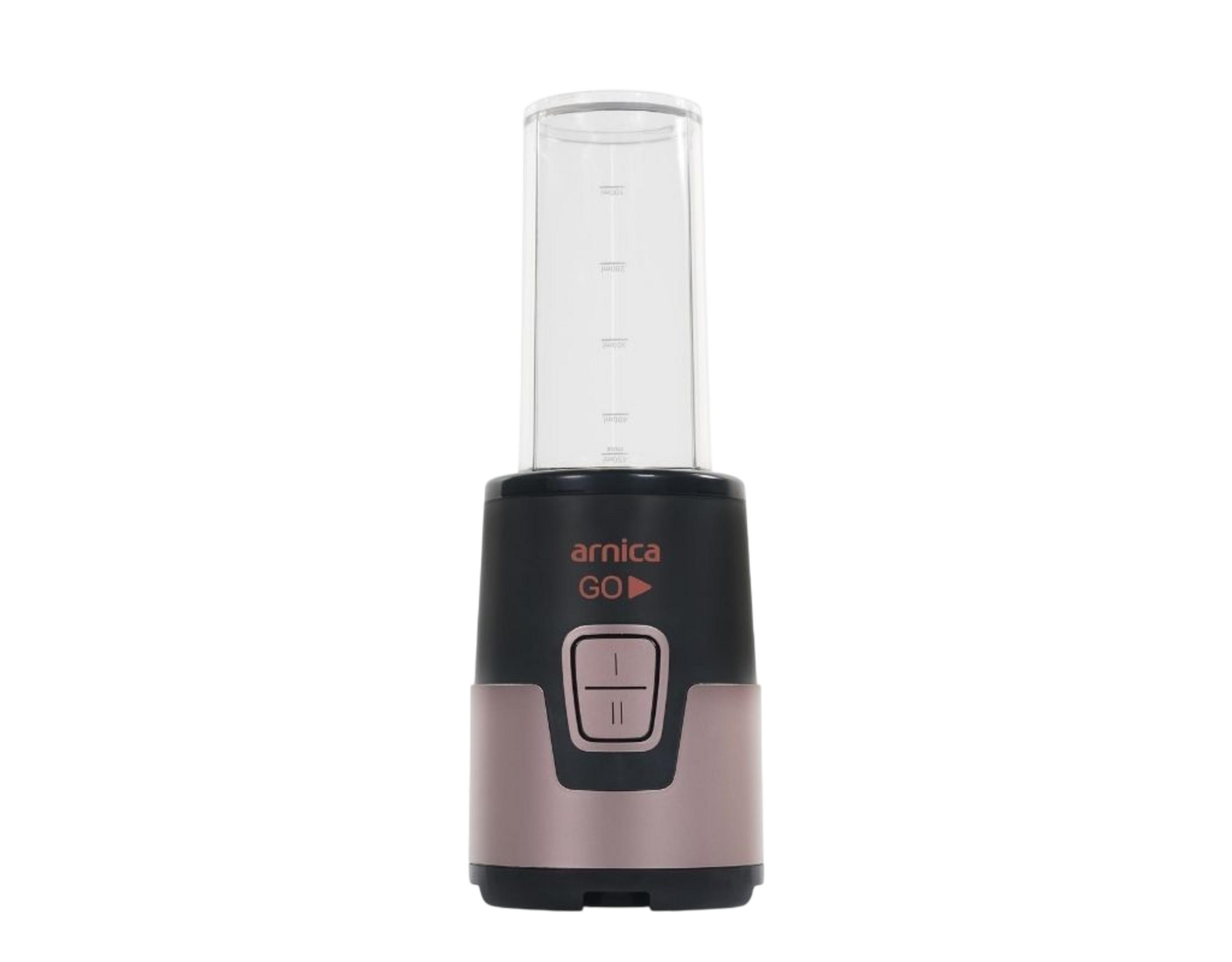 Siyah tabanlı, rose gold vurgulu, şeffaf haznesi olan taşınabilir blender.