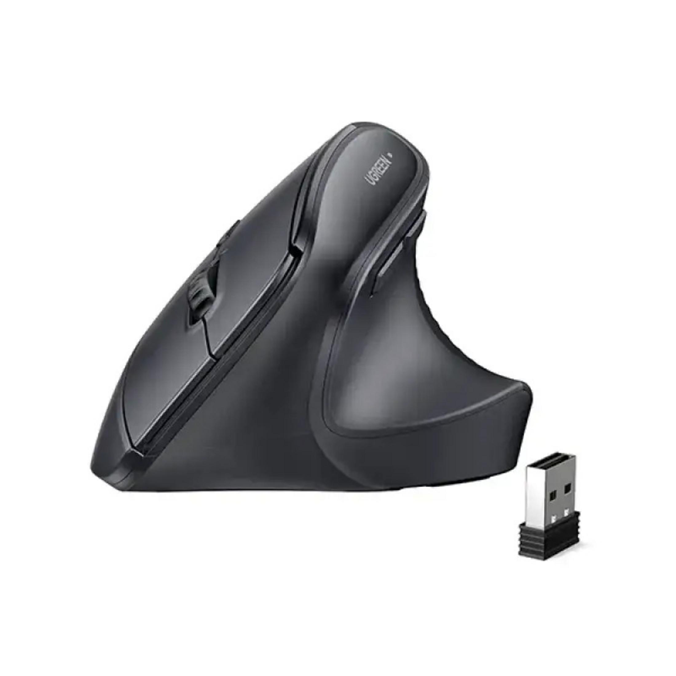 Ergonomiczna czarna mysz pionowa z kluczem USB na białym tle.