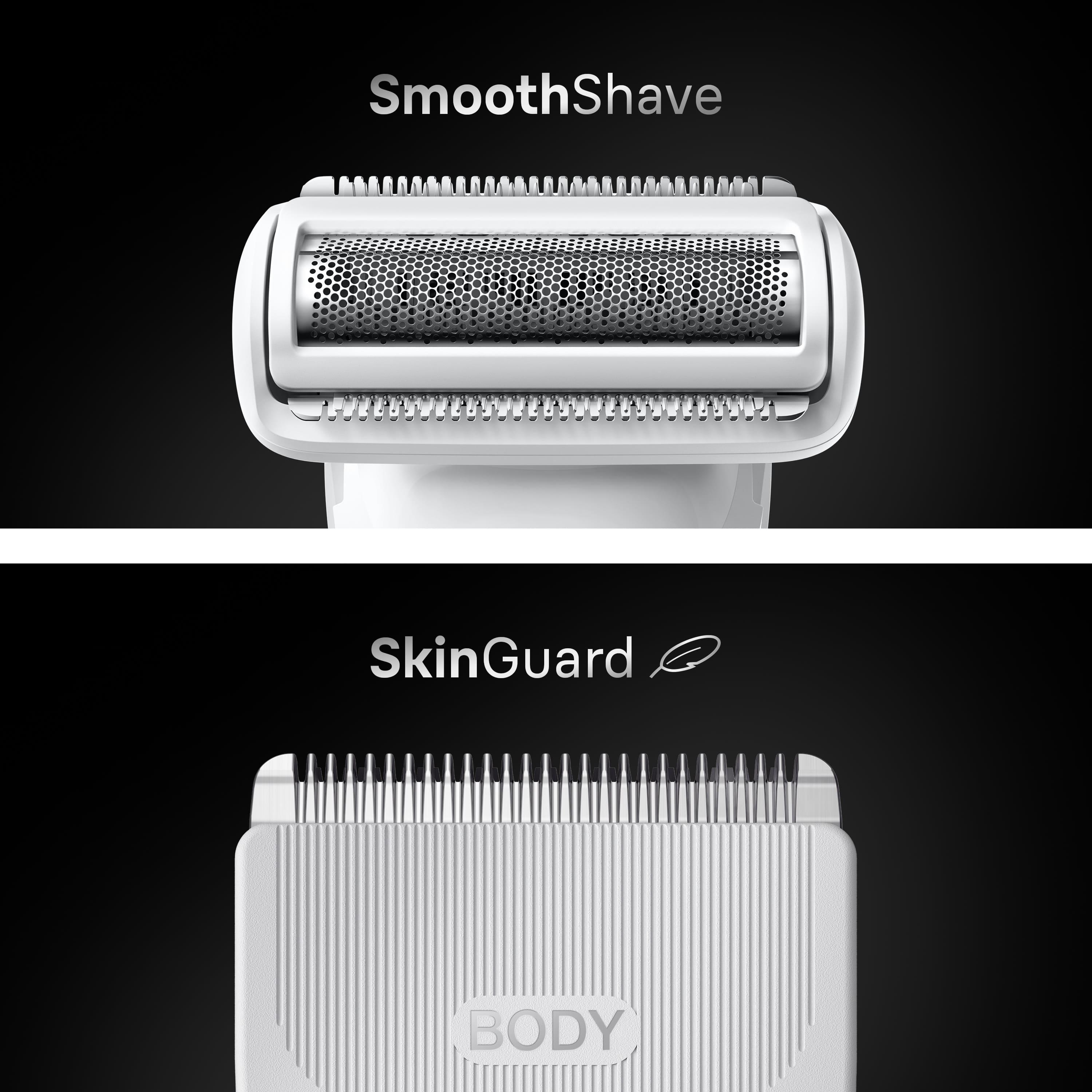 Primo piano di un rasoio bianco con testo "SmoothShave" e "SkinGuard".
