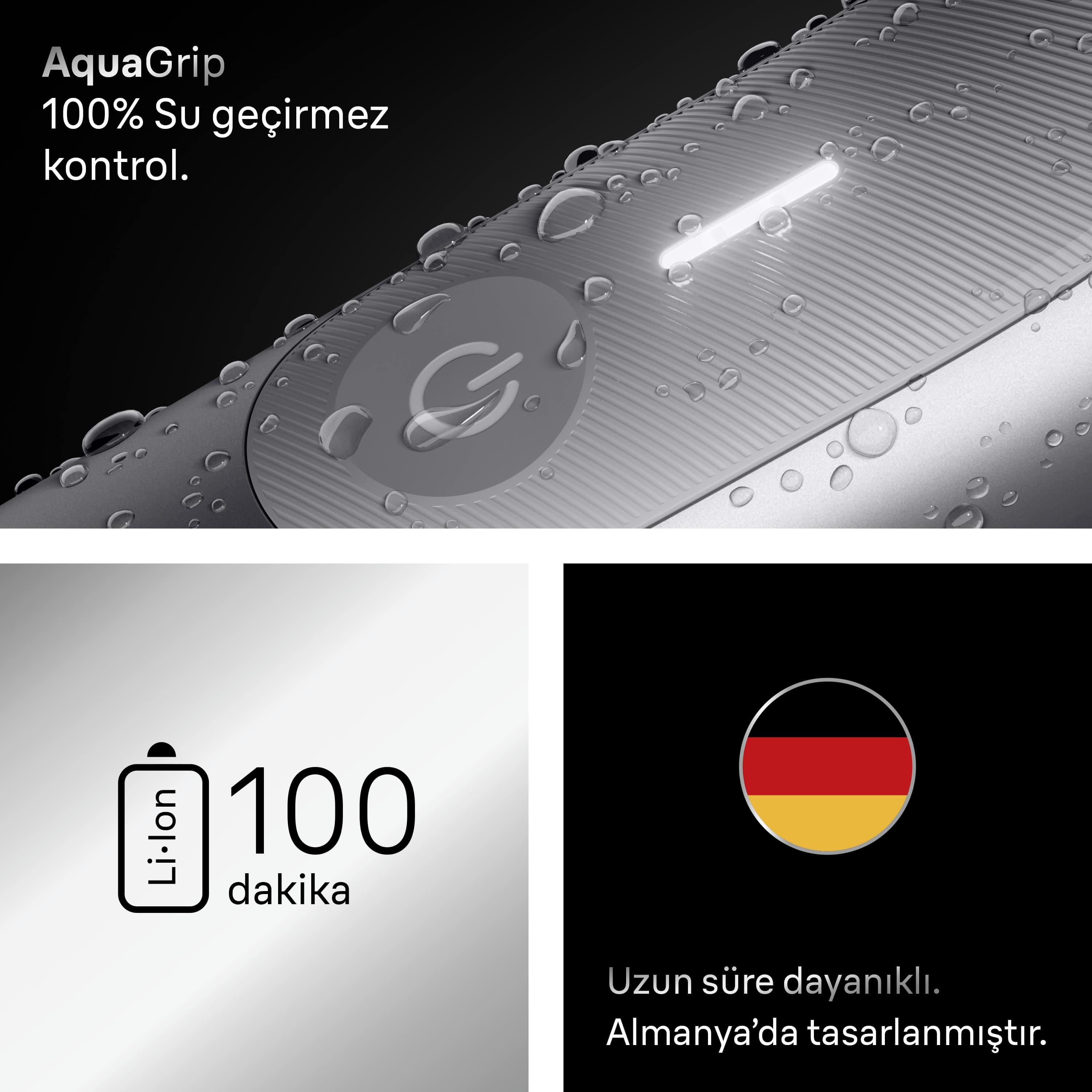 Rasoio AquaGrip: 100 min batteria, impermeabile. Progettato in Germania.