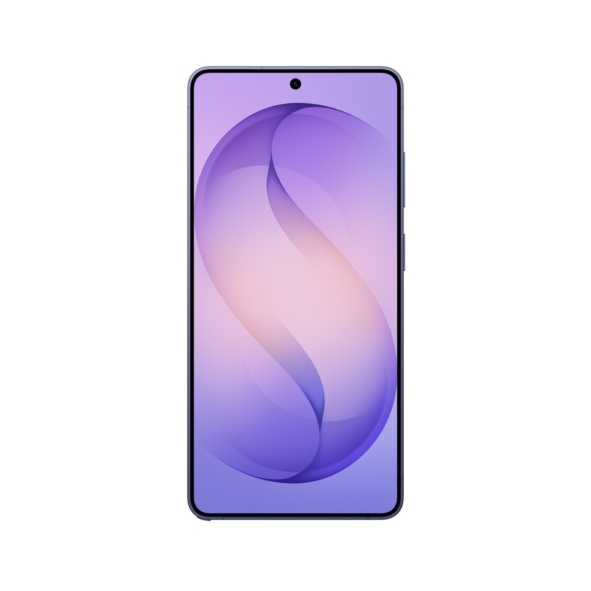 Smartfon z fioletową tapetą i wycięciem na aparat.