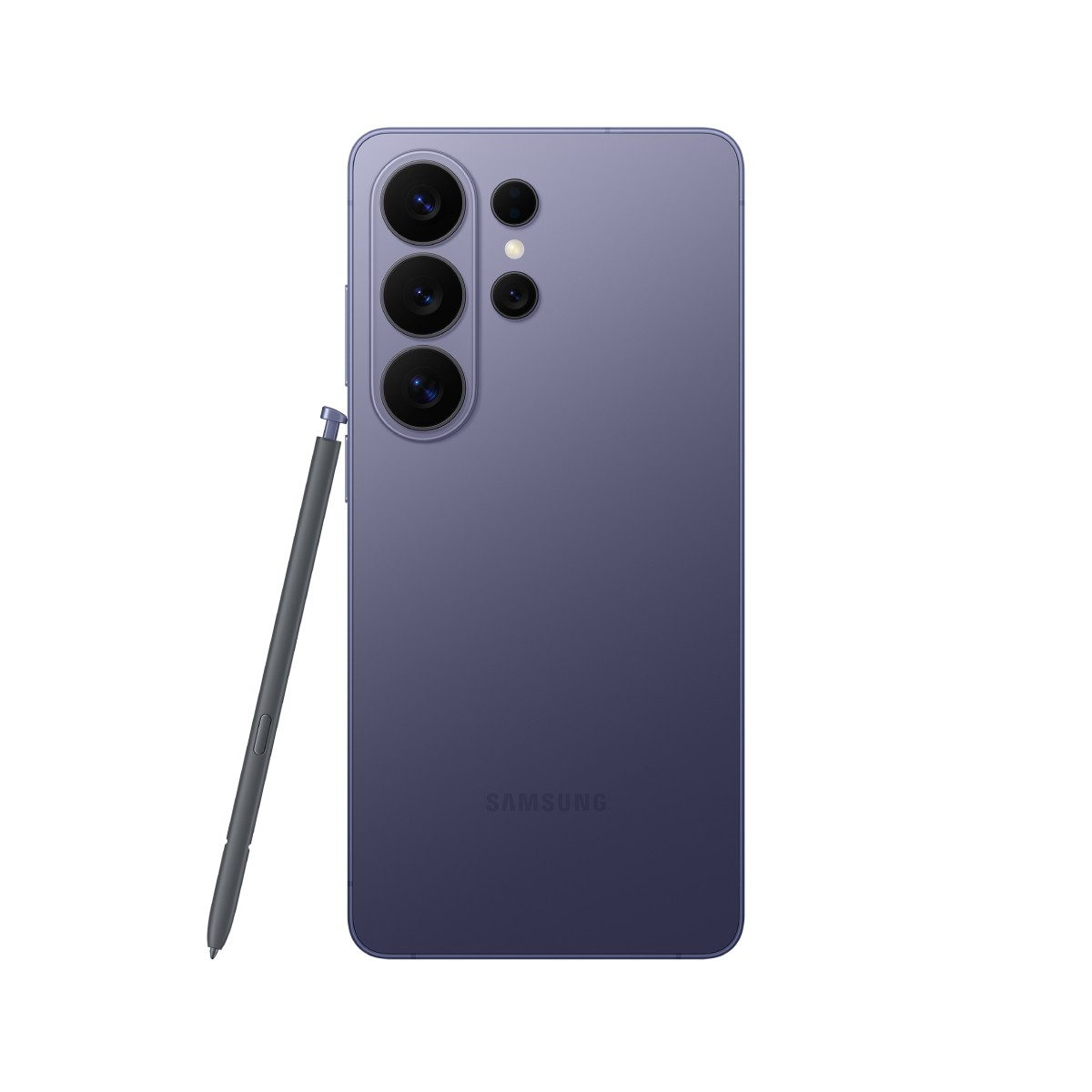 Fioletowy smartfon ze stylusem i trzema tylnymi aparatami.