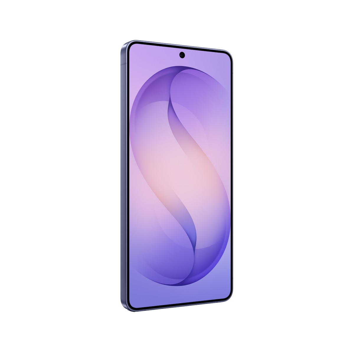 Elegancki smartfon z niebieską ramką i fioletową tapetą.