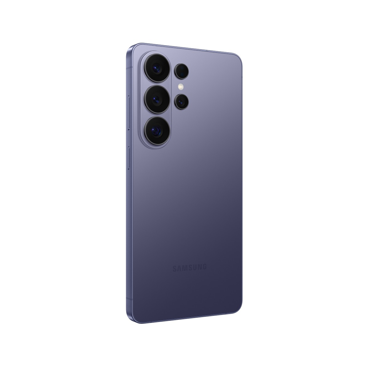 Fioletowy smartfon z czterema obiektywami, logo Samsung z tyłu.